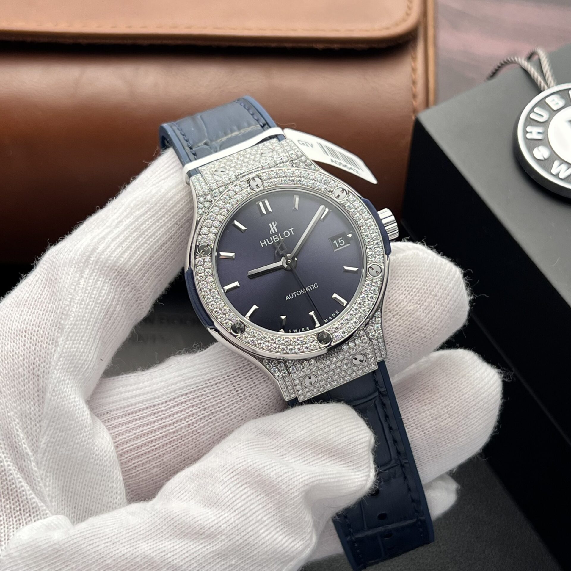 Hublot Replica 11 Watch Classic Fusion Full Moissanite Diamond Case Charcoal Blue 38mm