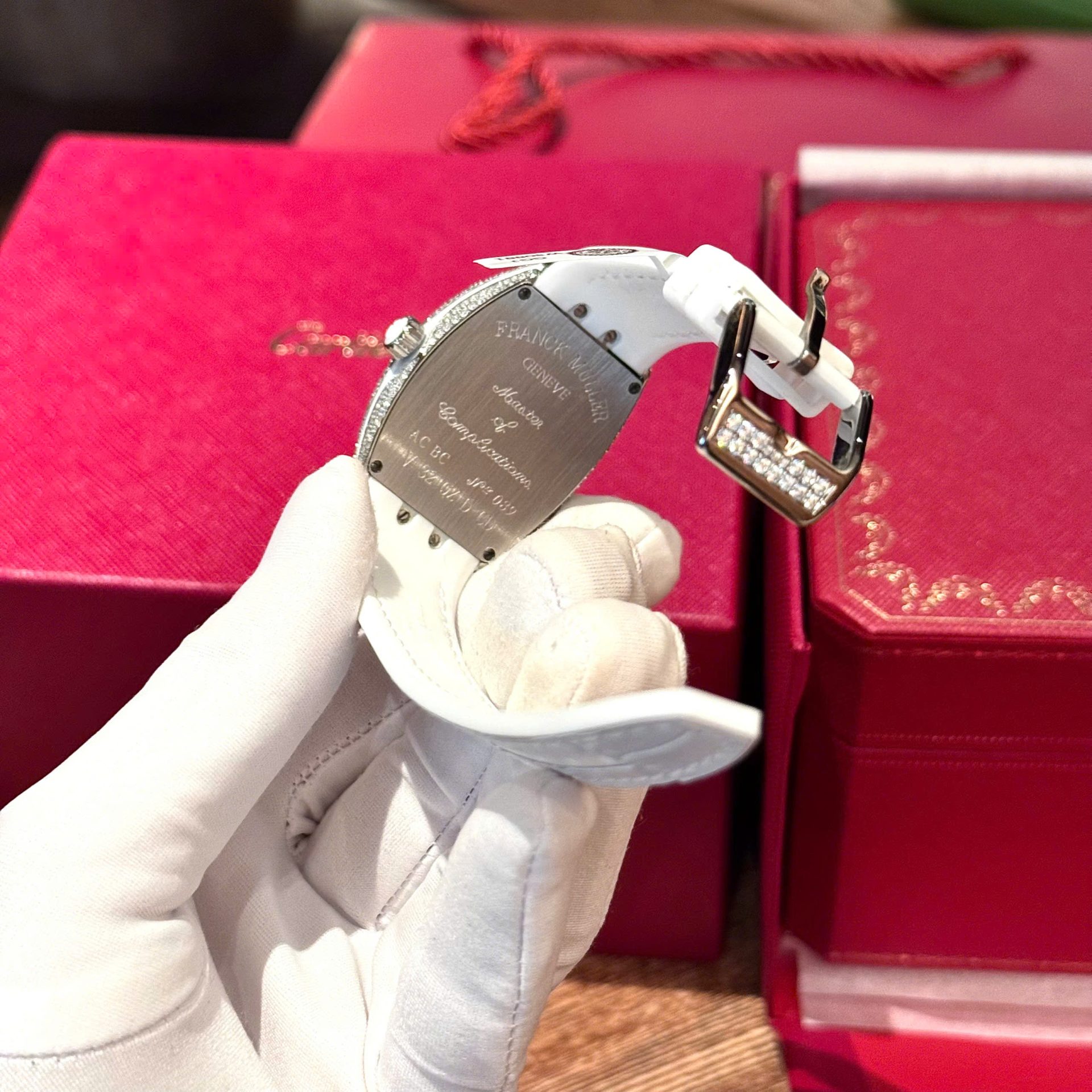 Franck Muller V32 White Dial Replica Watch Custom Diamonds Moissanite Hong Kong 36mm