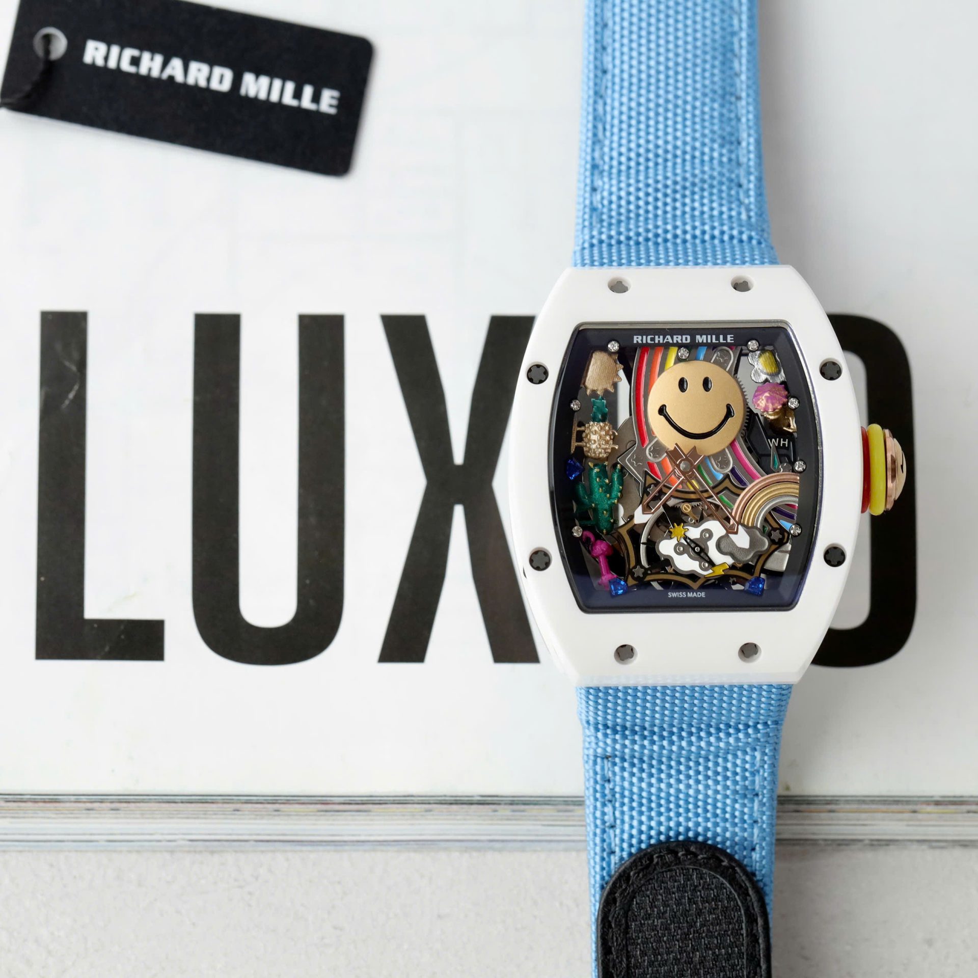 Richard Mille Best Copies Watch RM88 Smiley White Ceramic Fabic Nato Strap 42mm