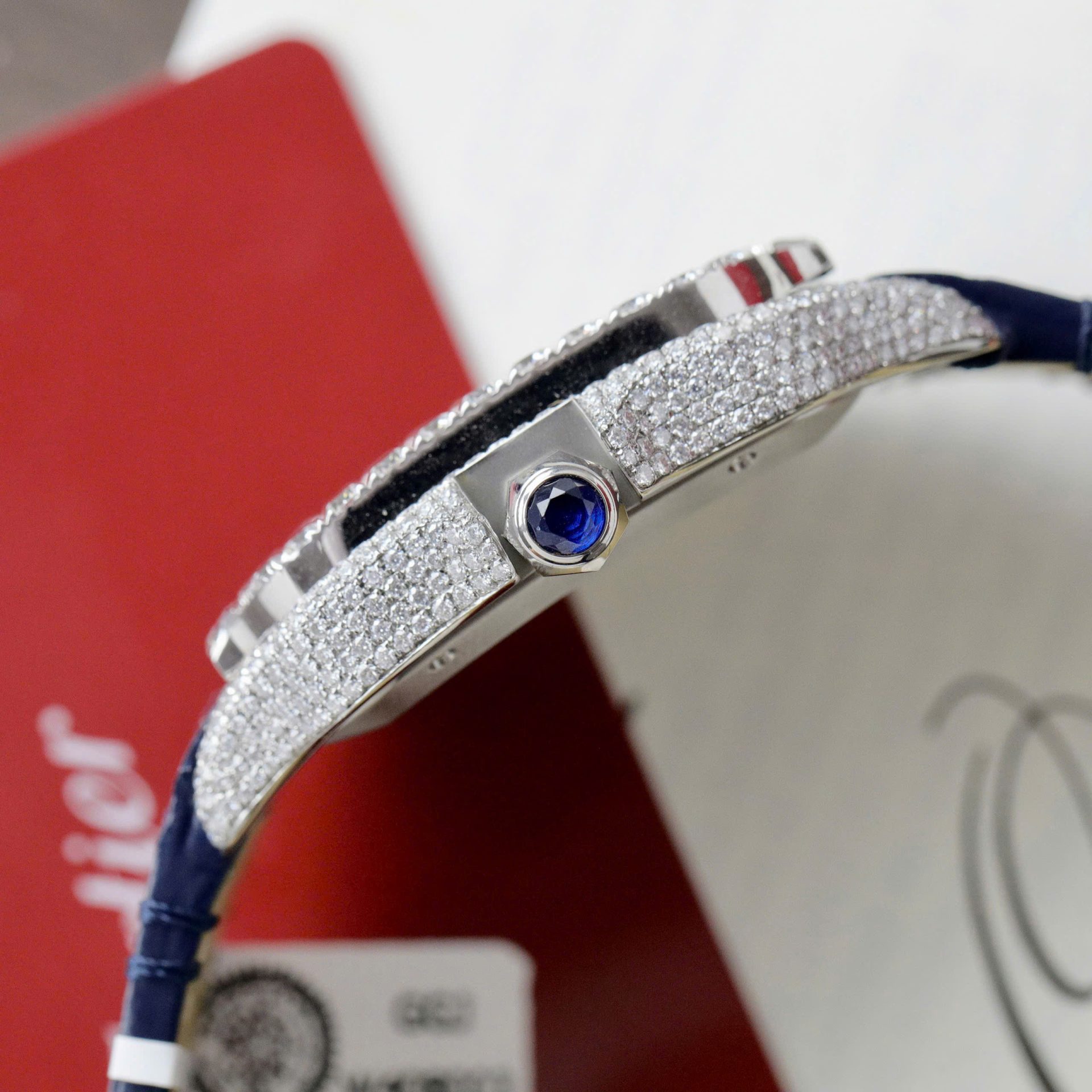 Cartier Santos Copies Watch Dial Blue Custom Diamonds Moissanite Hong Kong 39.8mm