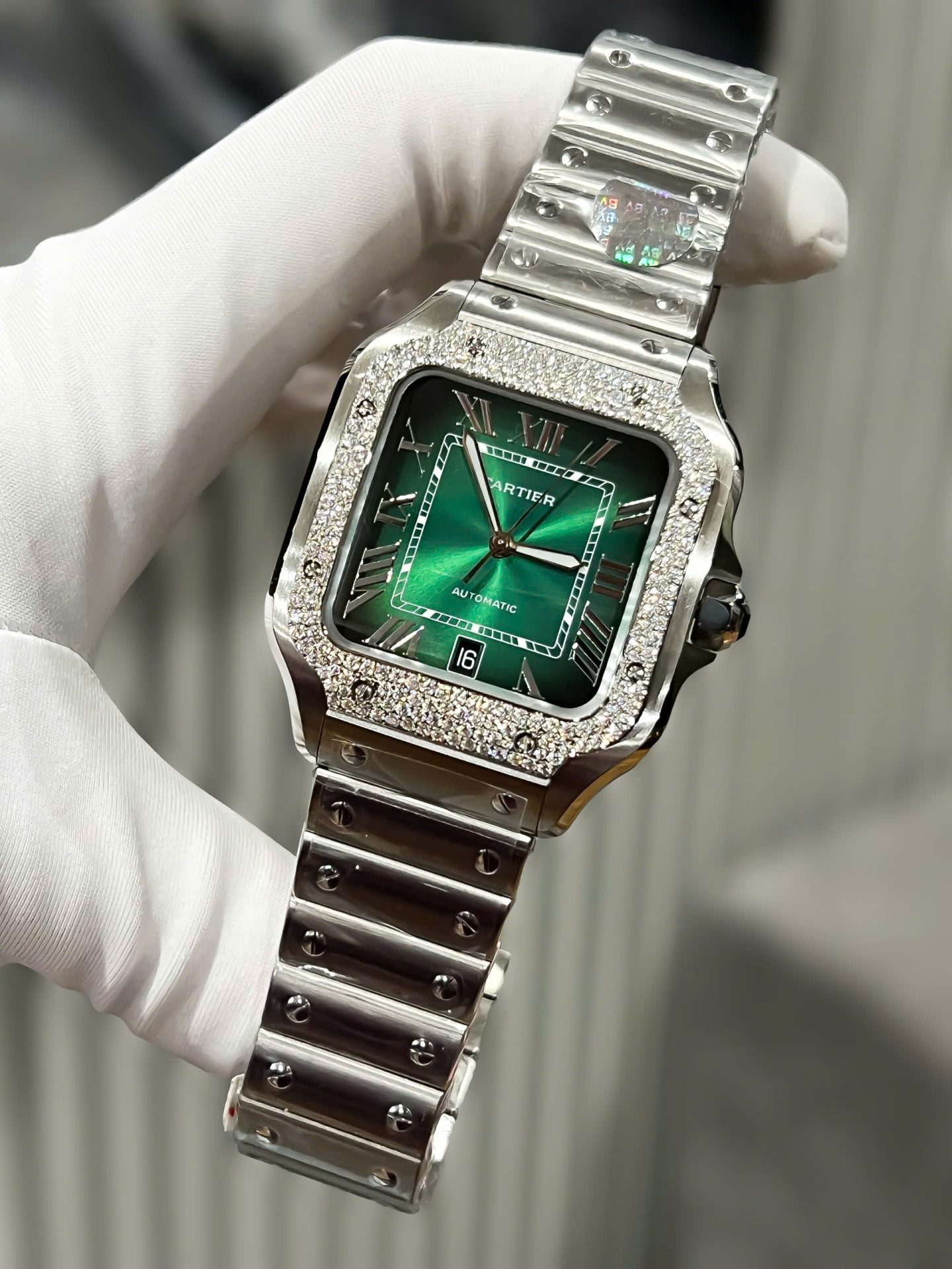 Cartier Santos Replica Watch Custom Moissanite Diamonds Dial Green BV Factory 39.8mm