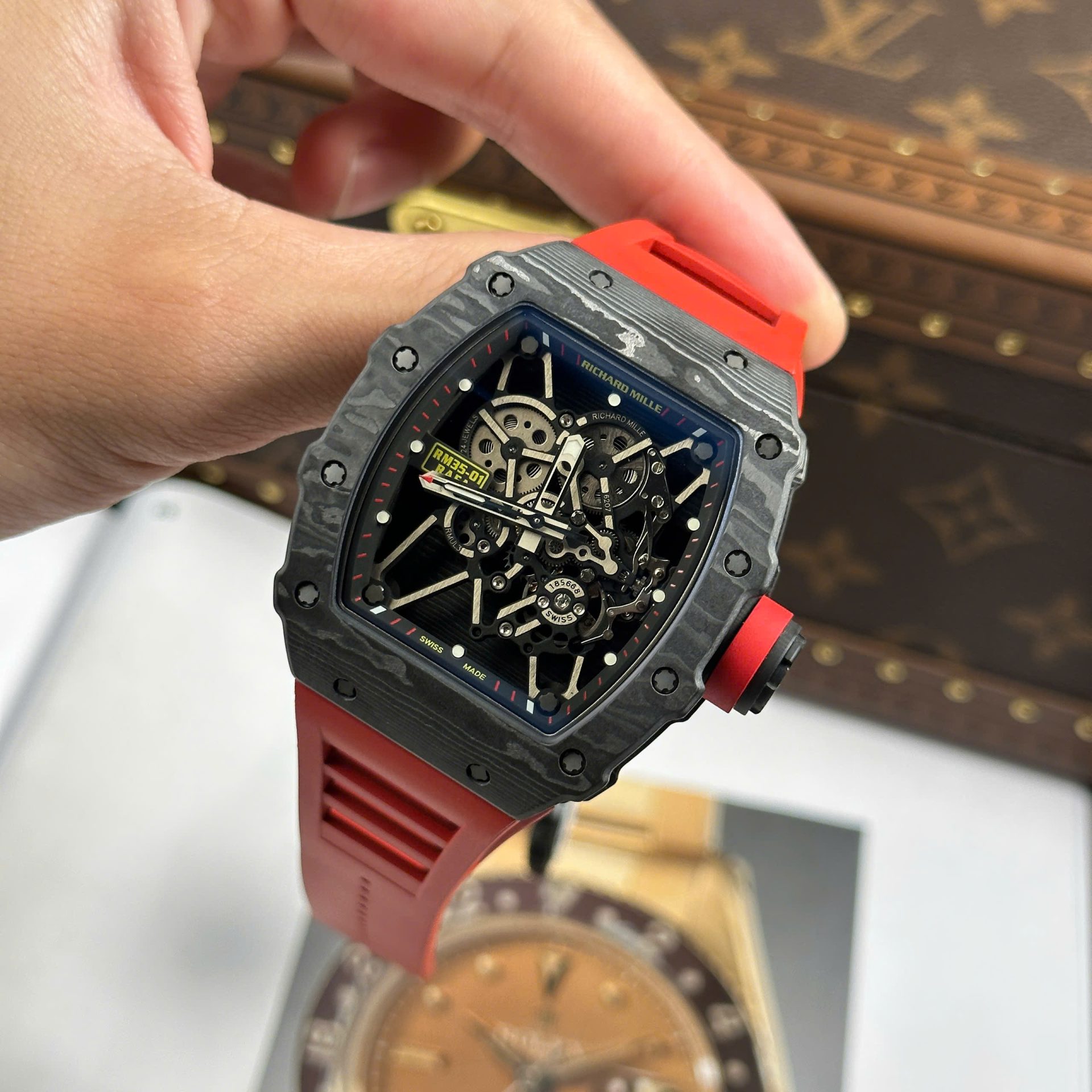 Richard Mille RM35-01 Rafael Nadal Carbon NTPT Copies Watches Red Rubber Strap ZF Factory 49,9x43mm