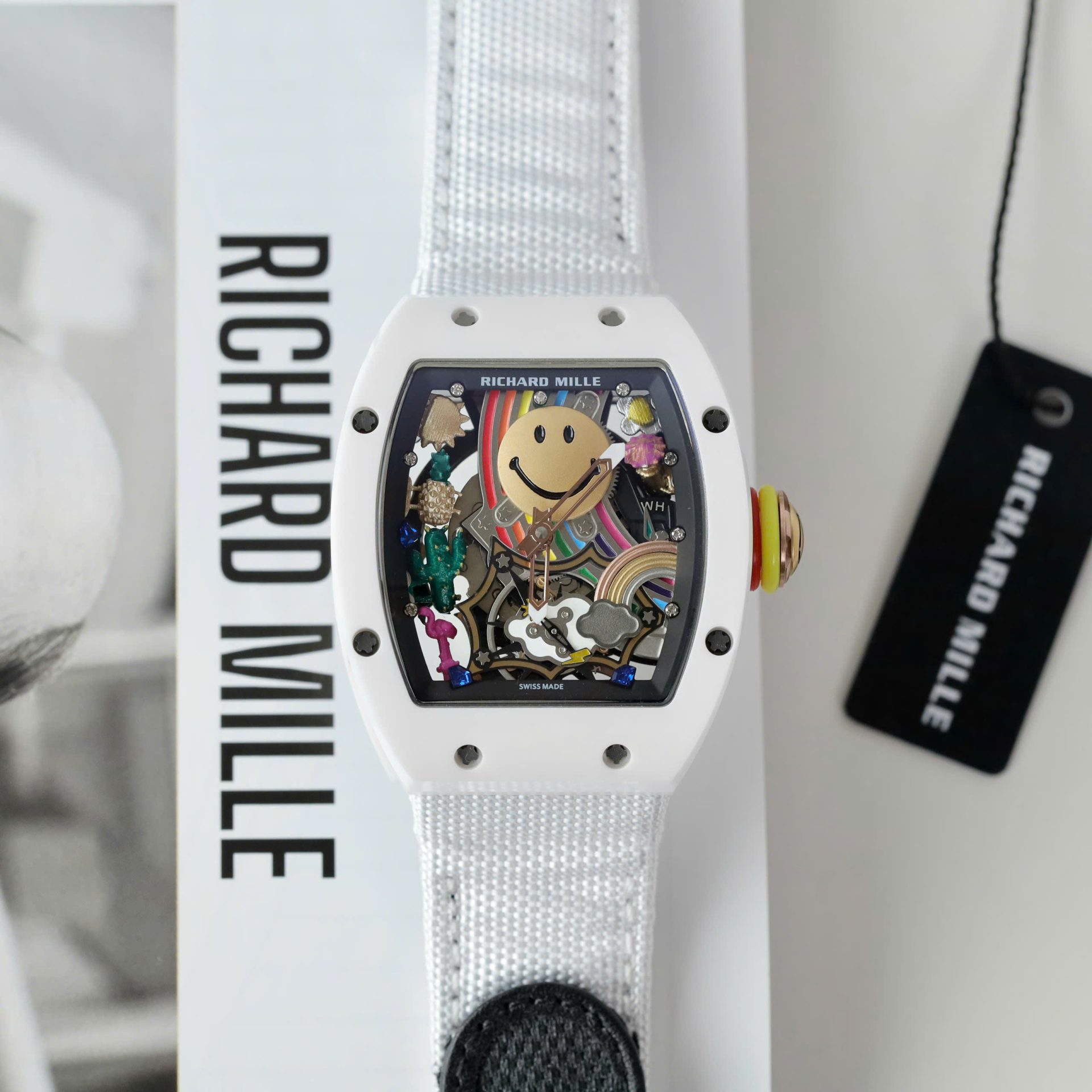 Richard Mille Best Copies Watch RM88 Smiley White Ceramic Fabic Nato Strap 42mm