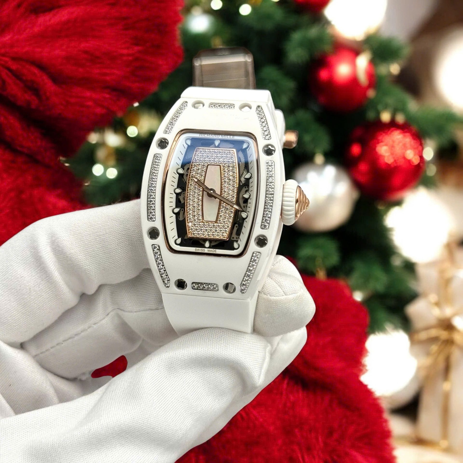 Richard Mille High End Watch Replicas RM07 White Ceramic Women s Bezel Diamonds 36mm