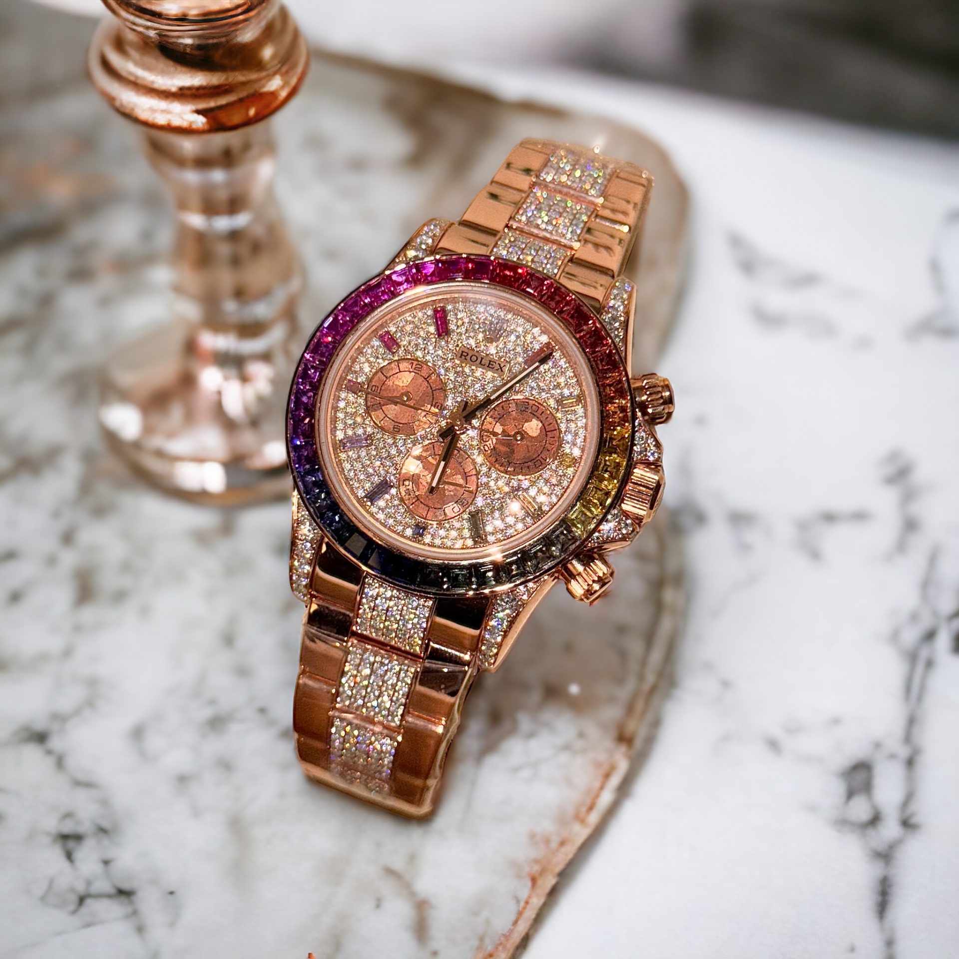 Rolex Daytona Rainbow Replica Watch Gold Wrapped + Ruby + Moissanite Diamonds 40mm