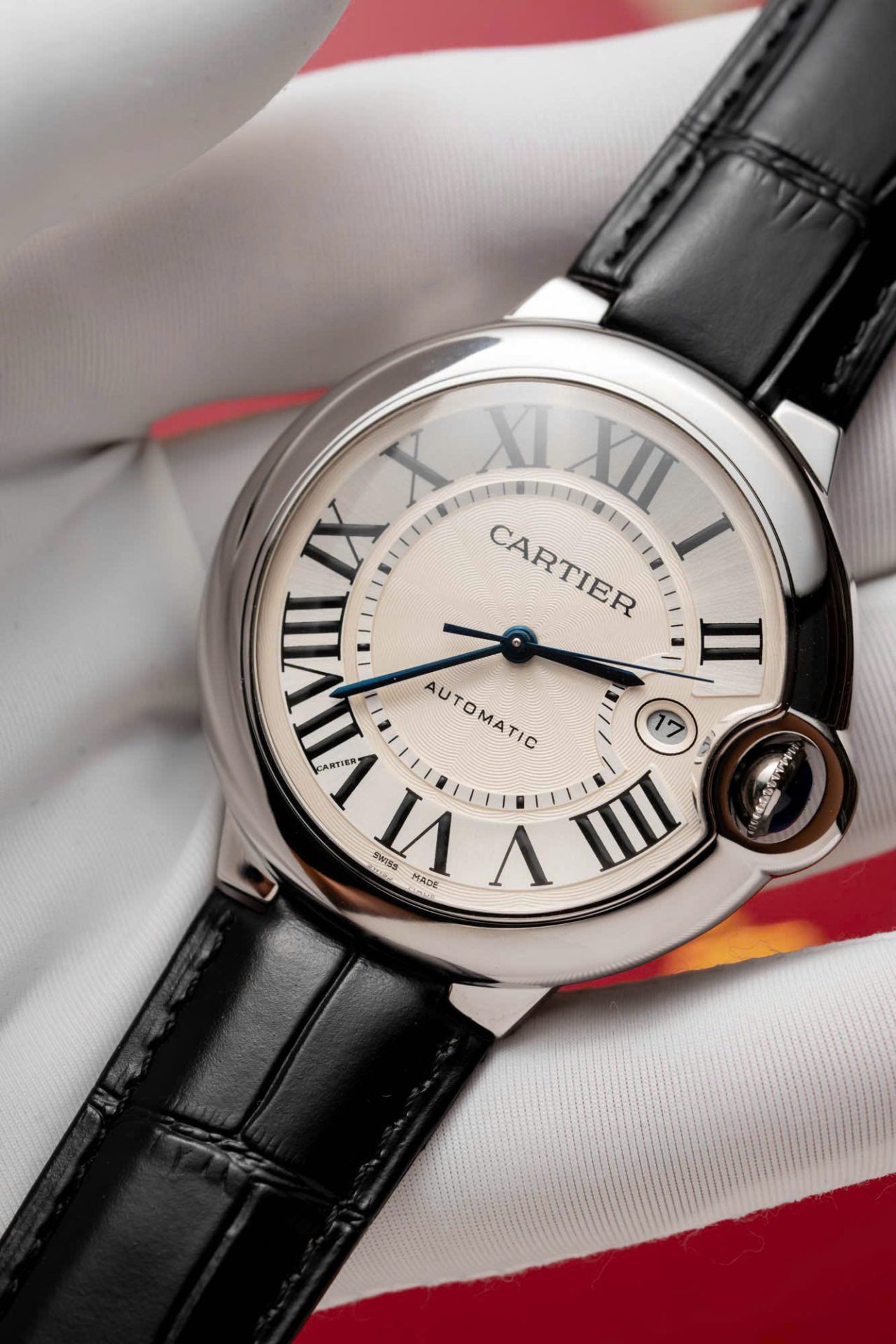 Cartier Replica Watch Ballon Bleu Men s White Dial Leather Strap 42mm