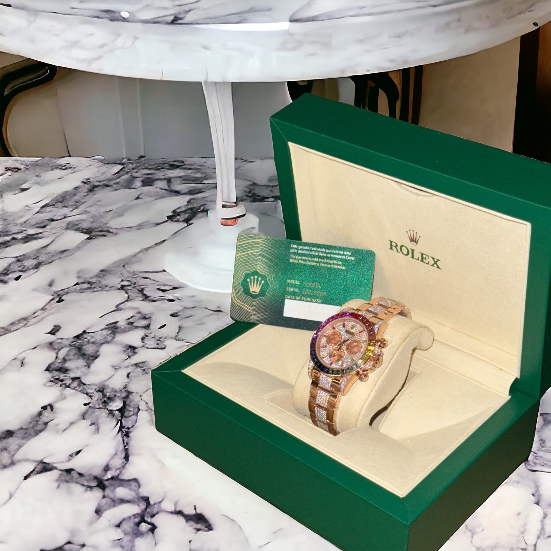 Rolex Daytona Rainbow Replica Watch Gold Wrapped + Ruby + Moissanite Diamonds 40mm