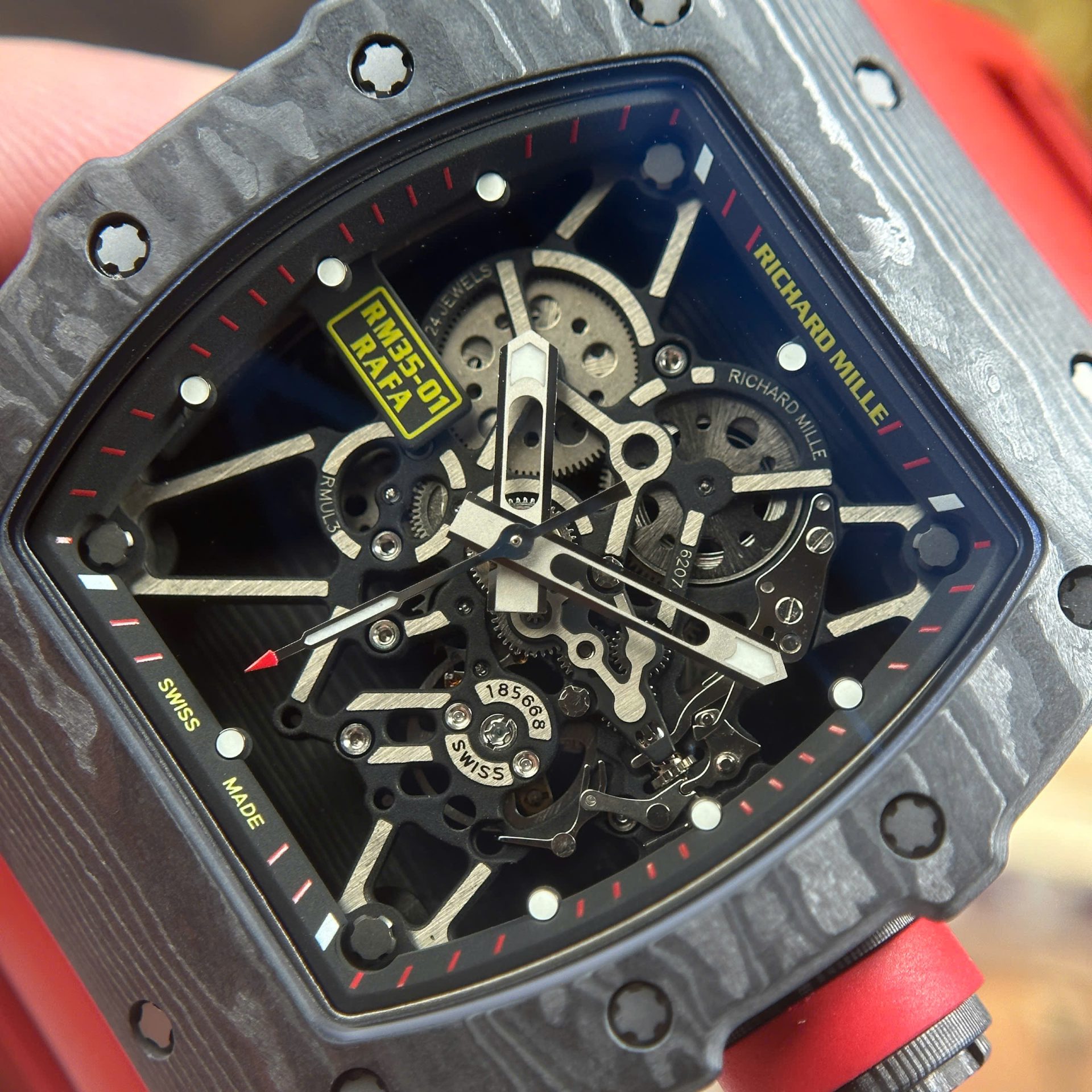 Richard Mille RM35-01 Rafael Nadal Carbon NTPT Copies Watches Red Rubber Strap ZF Factory 49,9x43mm