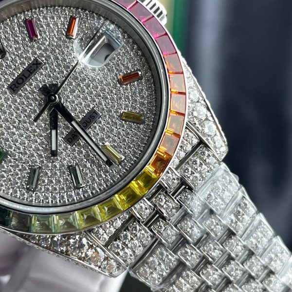 Rolex DateJust Replica Watch Full Moissanite Diamonds Hong Kong Dial Blue 41mm