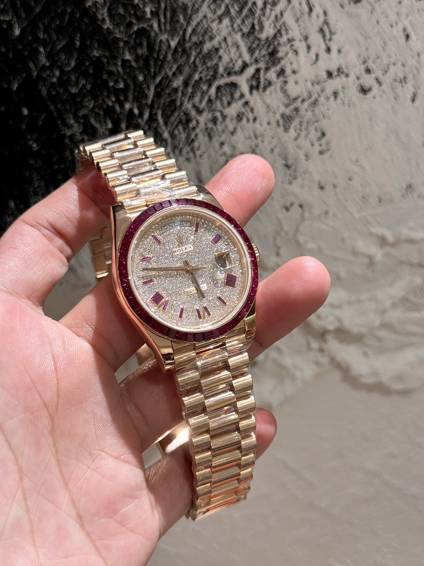 Rolex Replica Watch Day-Date Moissanite Ruby Baguette Red 18K Gold Wrapped 40mm