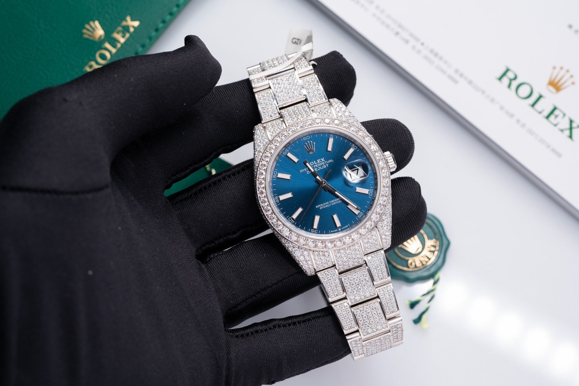 Rolex Replica 1:1 Watch DateJust With Full Moissanite Diamond Blue Dial 41mm