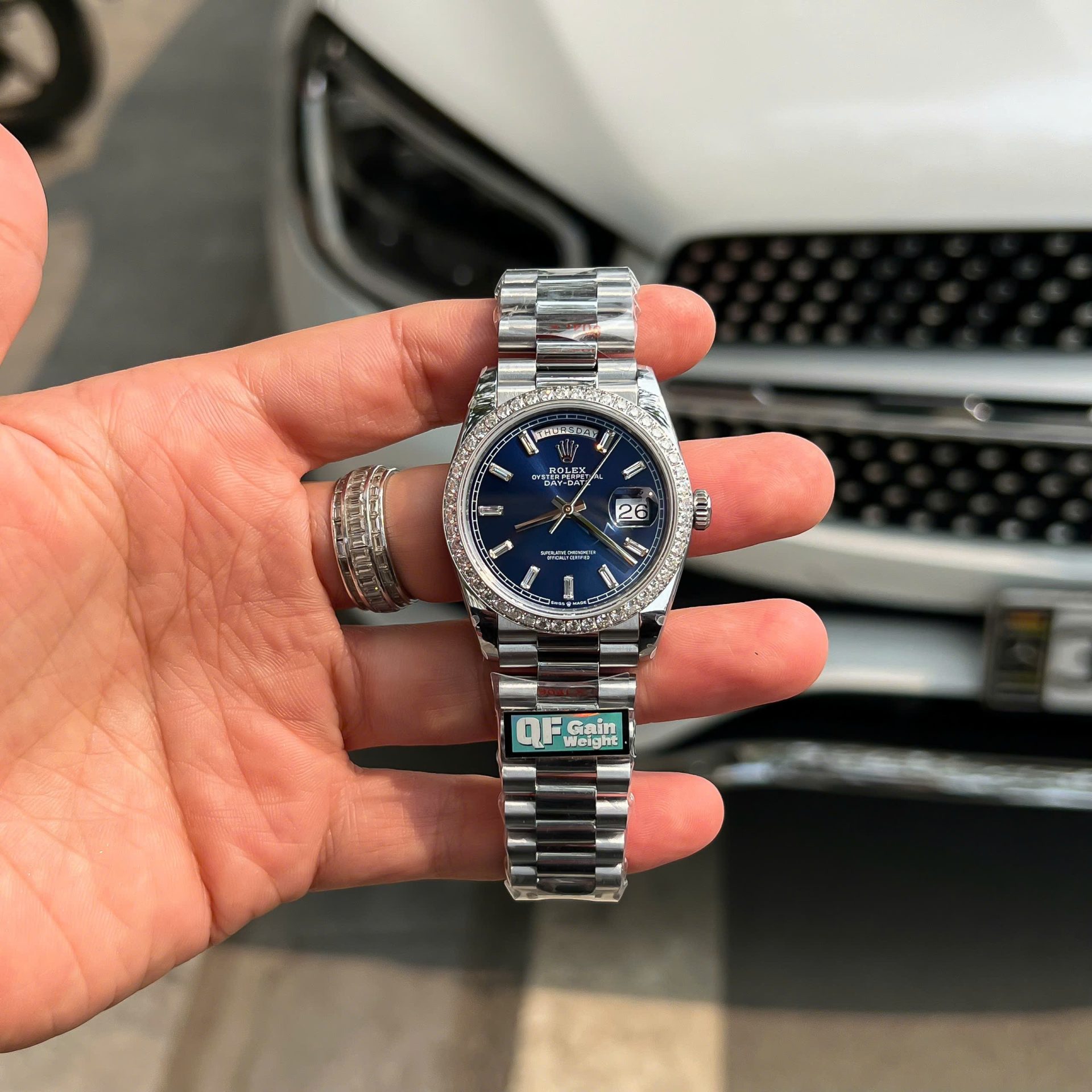 Rolex Day-Date Blue Dial Replica 11 Watch Bezel Diamonds Moissanite QF Factory 36mm