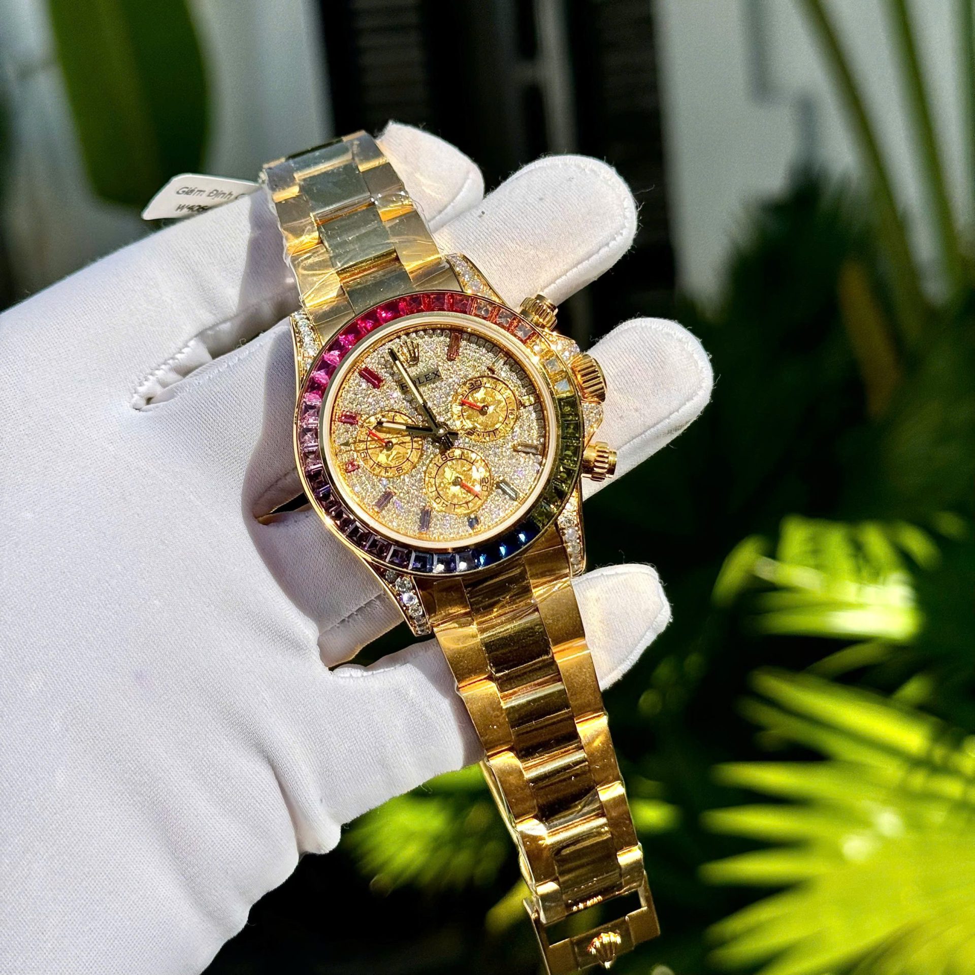 Rolex Daytona Rainbow Replica Watch 18K Gold Wrapped Customs Moissanite   Gemstones 40mm