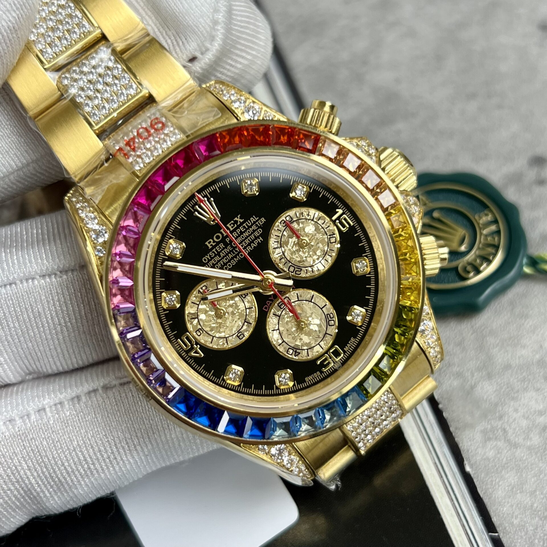 Rolex Replica 1:1 Watch Daytona Rainbow Yellow Gold Plated With Stone 40mm