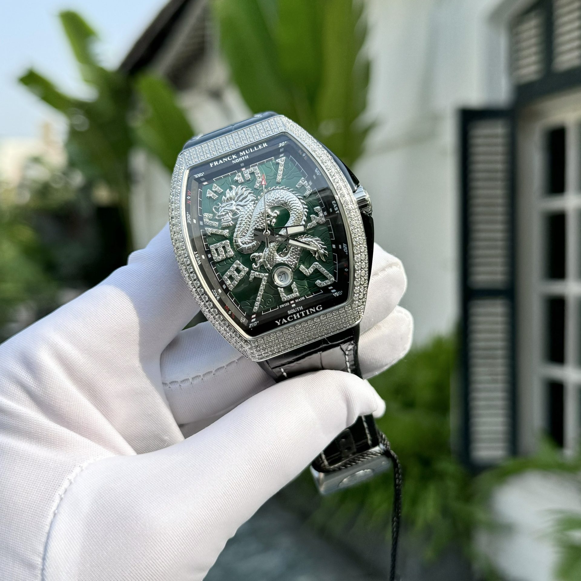Franck Muller Replica 11 Watch V45 Green Dragon Dial With Stone  45mm