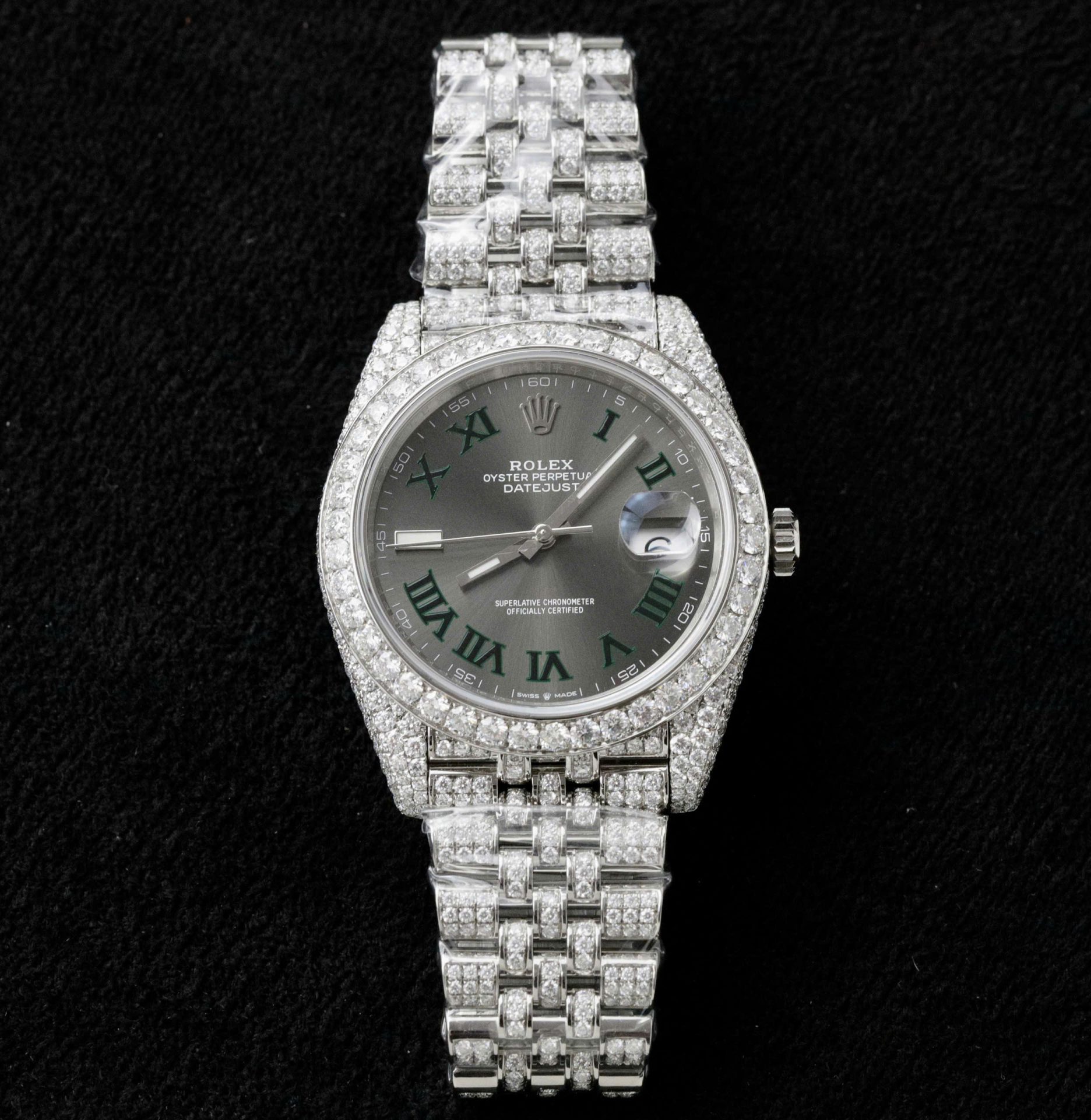 Rolex DateJust Best Copies Watch Dial Wimbledon Encrusted Moissanite Hong Kong 41mm