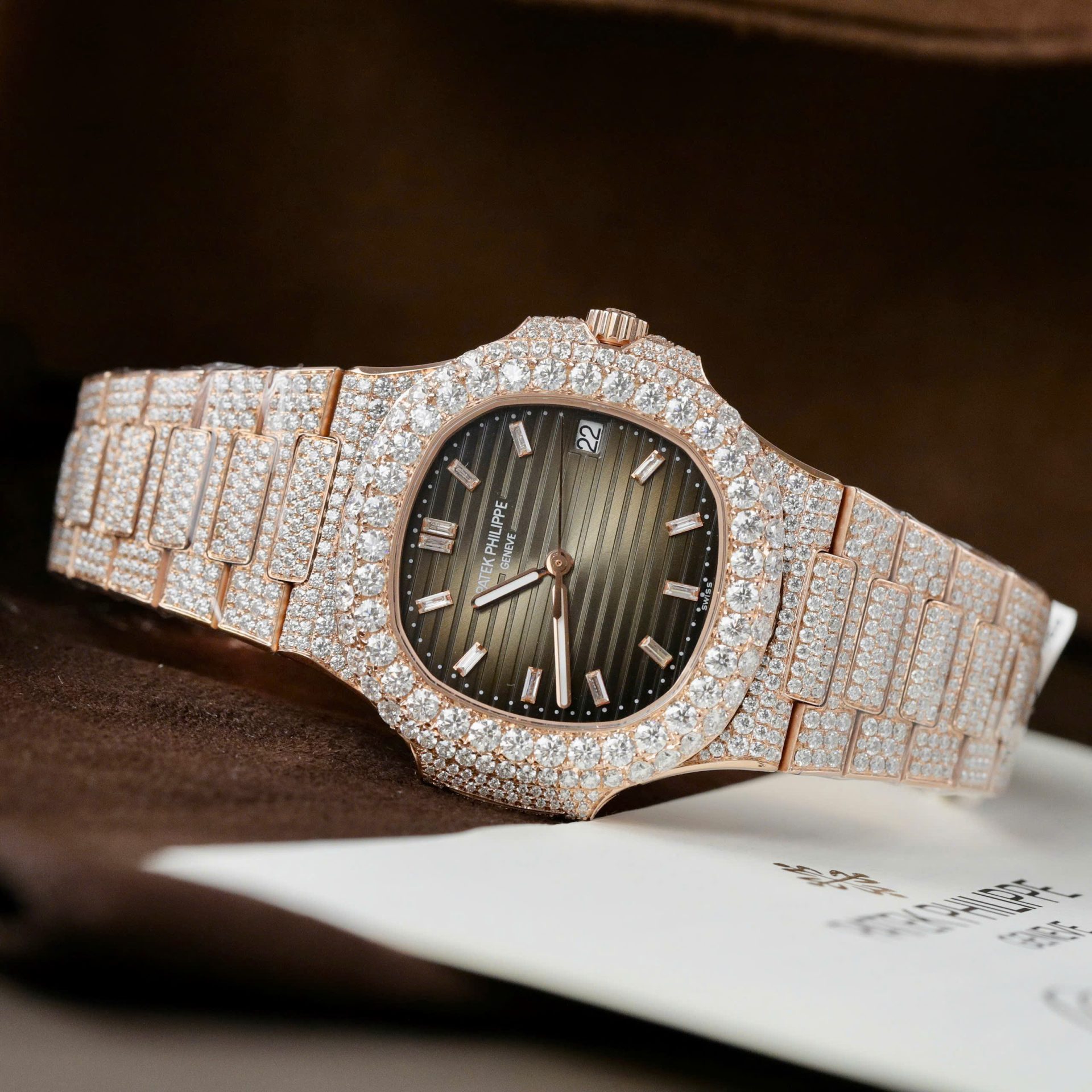 Patek Philippe Nautilus 5711 Replica Watch Gold Wrapped + Moissanite Diamonds Hong Kong Custom 40mm