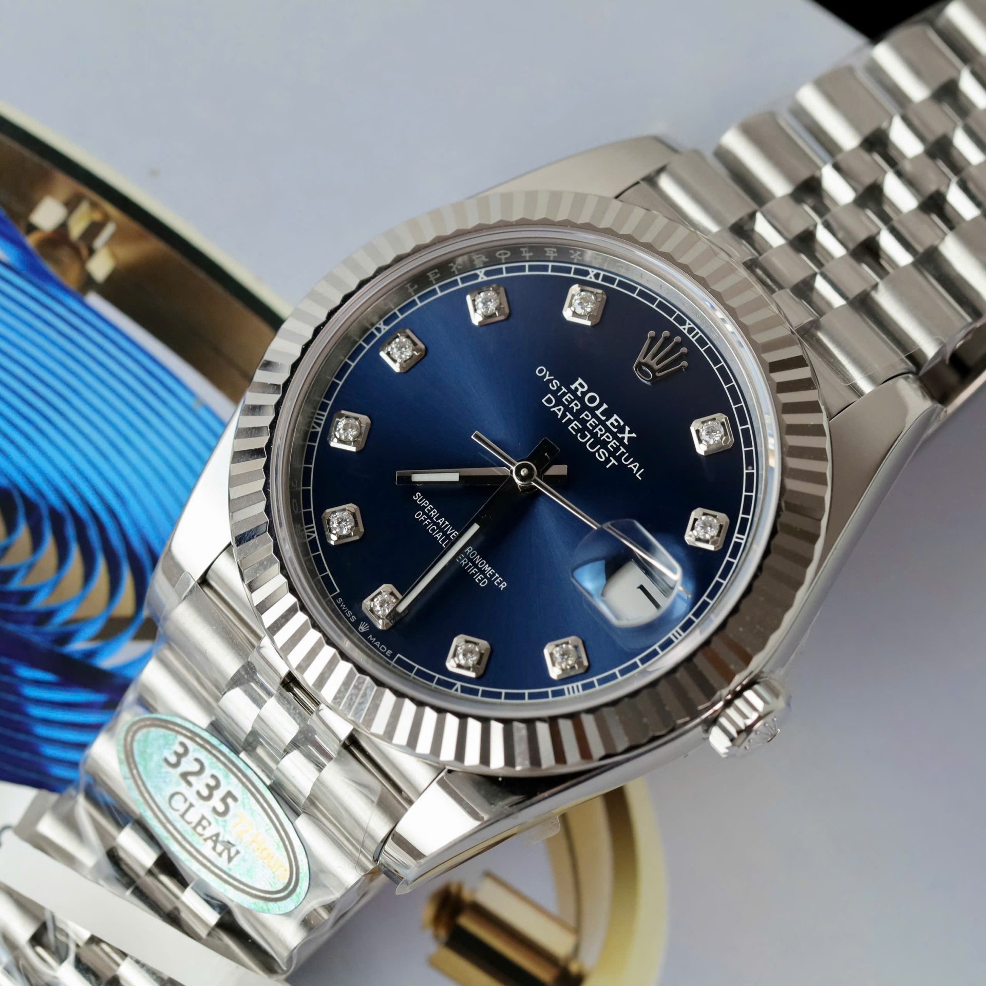 Rolex DateJust Knock Off Watches Blue Dial Moissanite Diamonds Clean Factory 41mm