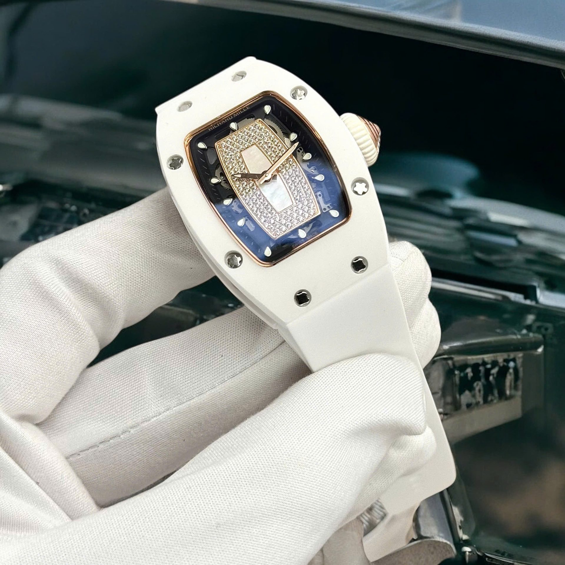 Richard Mille RM07 Super Clone Watches White Ceramic Rubber Strap Automatic Movement 36mm