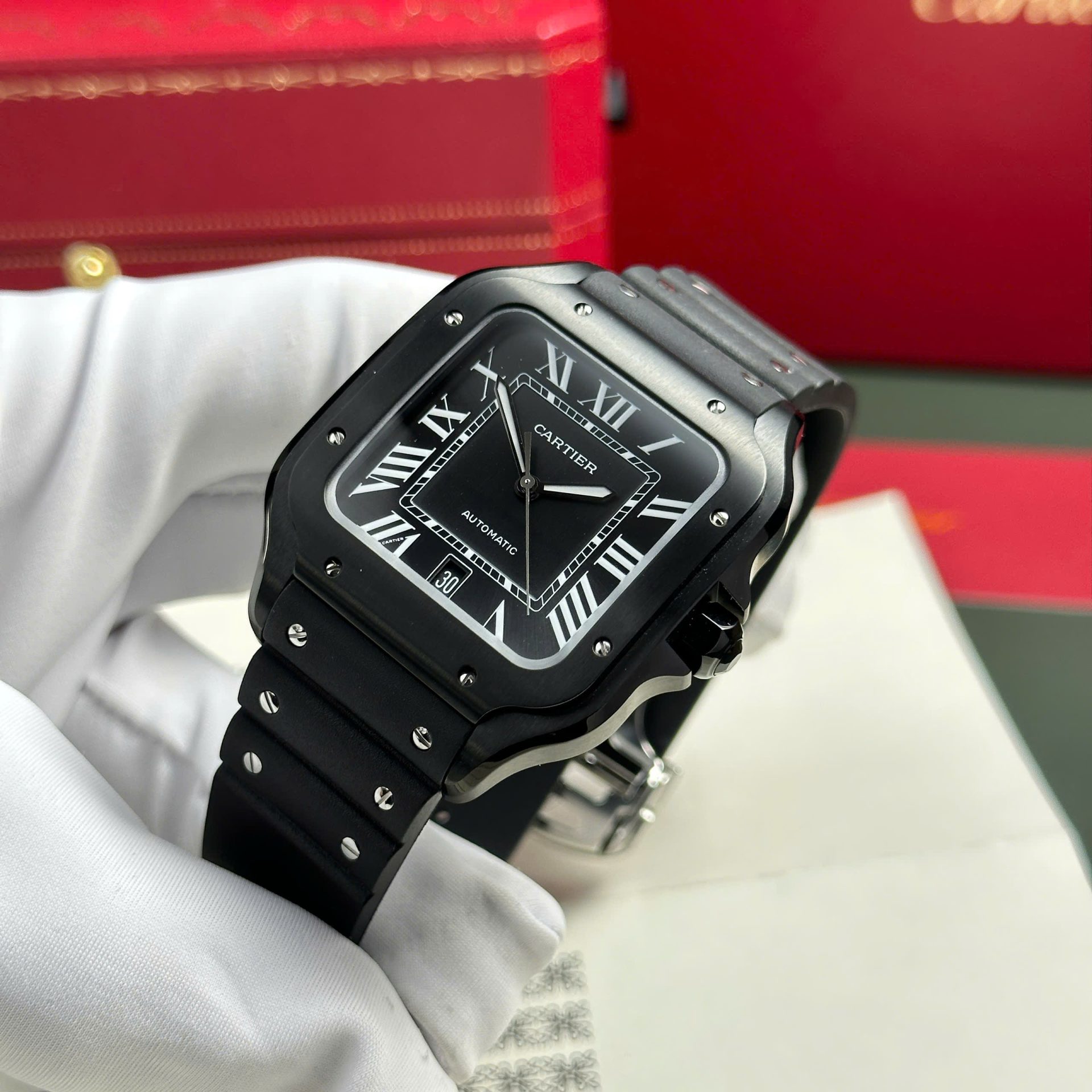 Cartier Santos Black Replica 11 Watch Rubber Strap BV Factory 39.8mm