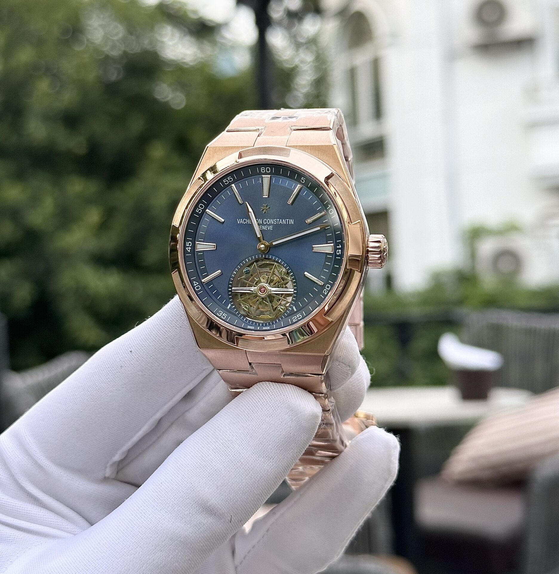 Vacheron Constantin Replica 11 Watch Overseas Tourbillon 6000V Rose Gold Plated Blue Dial 42.5mm