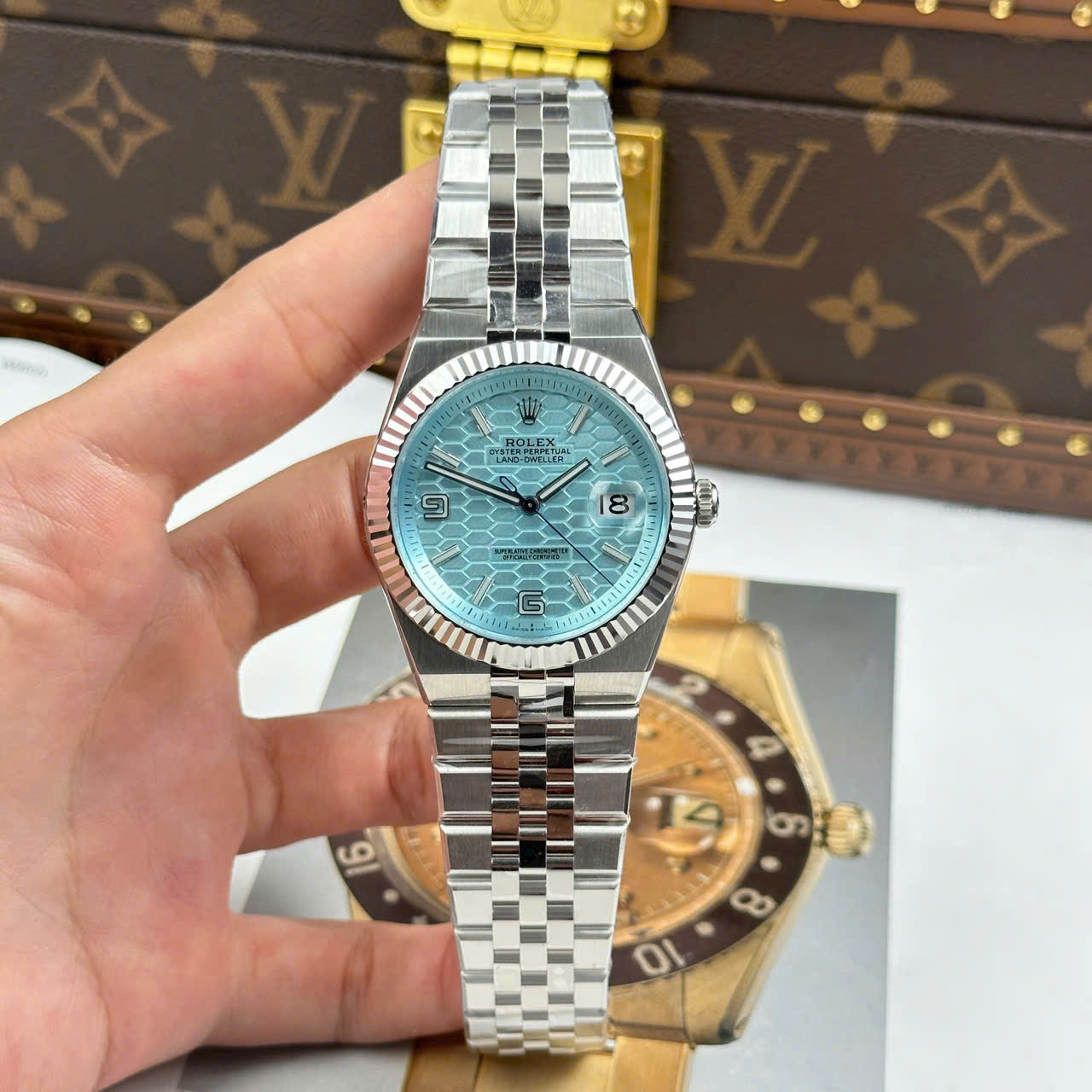 Rolex Land-Dweller 127336 Ice Blue   Honeycomb Motif Dial Best Fake Watches 40mm