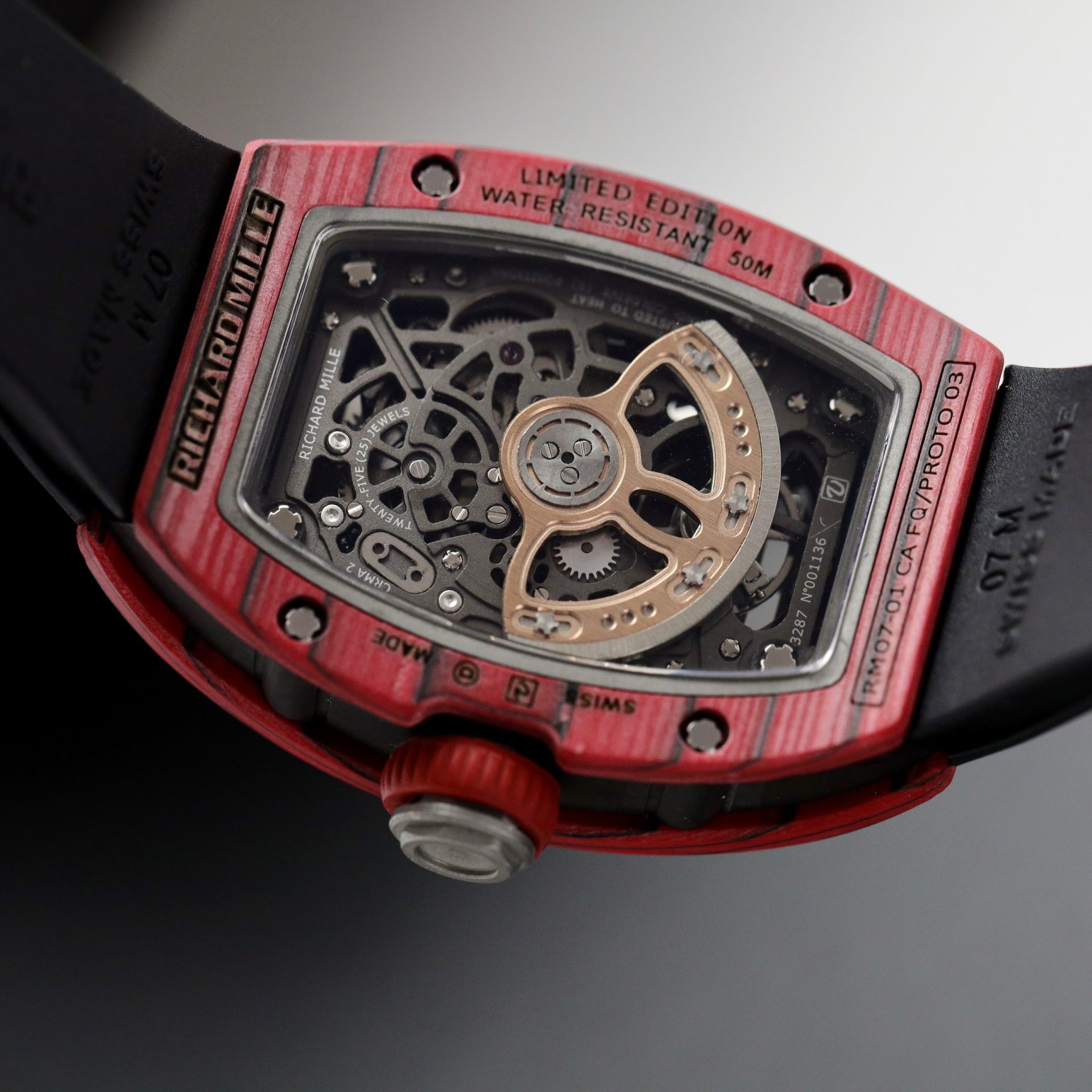 Richard Mille Rep 1:1 Watch RM07 Carbon Red Black Rubber Strap 36mm