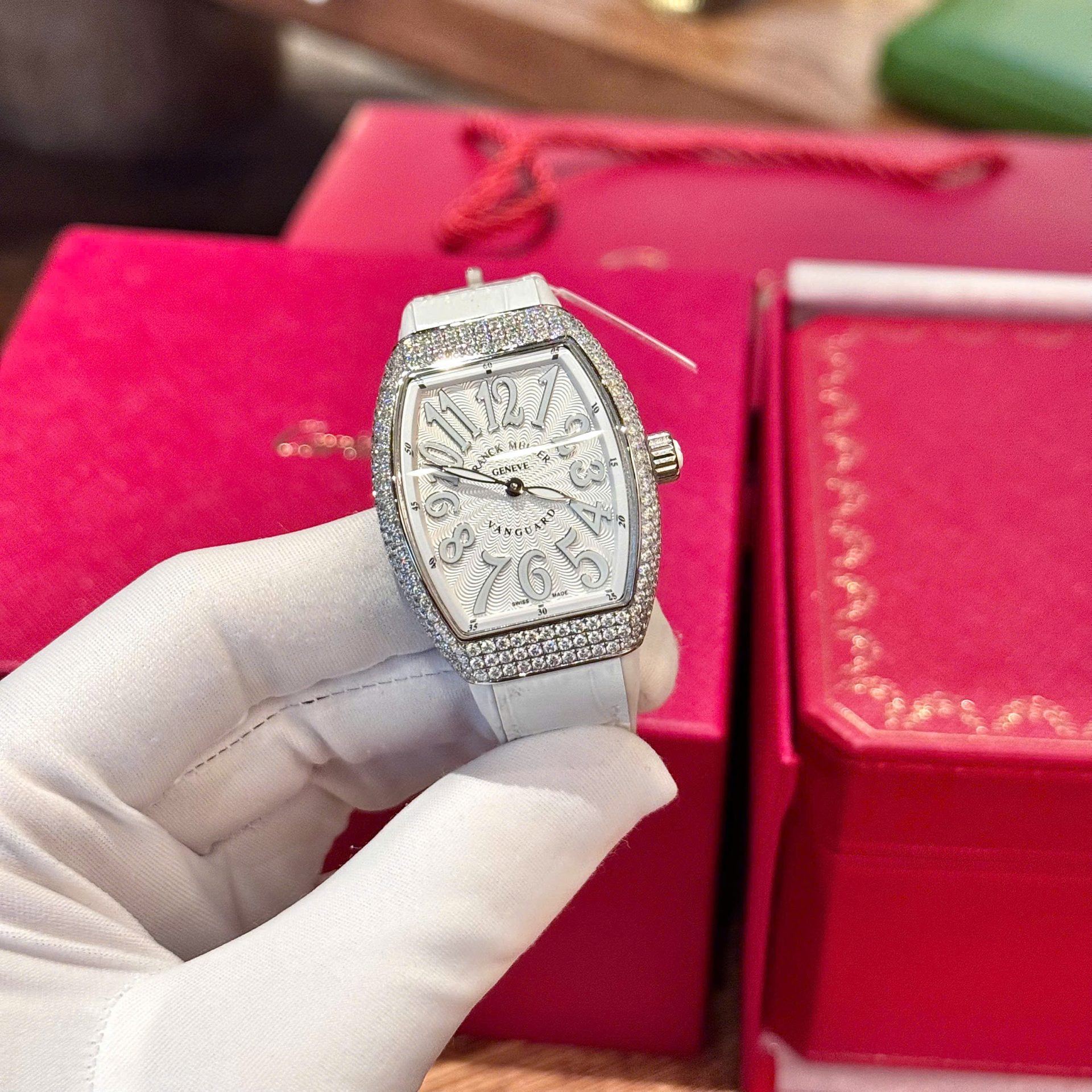 Franck Muller V32 White Dial Replica Watch Custom Diamonds Moissanite Hong Kong 36mm