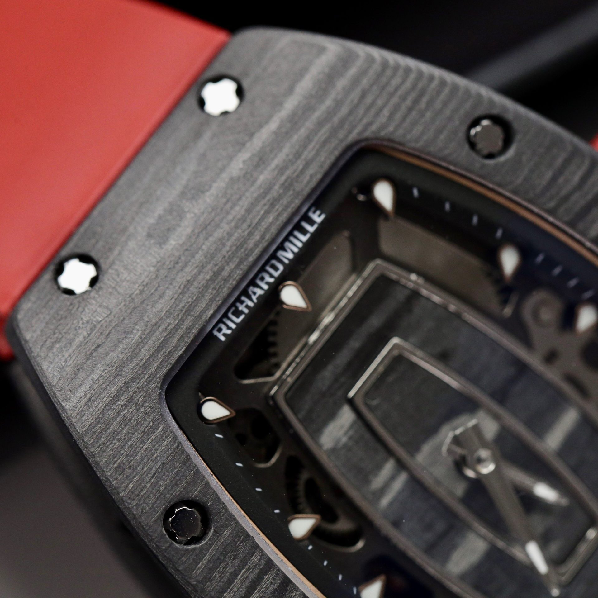 Richard Mille Replica 1:1 Watch RM07 Carbon Black Red Rubber Strap 36mm