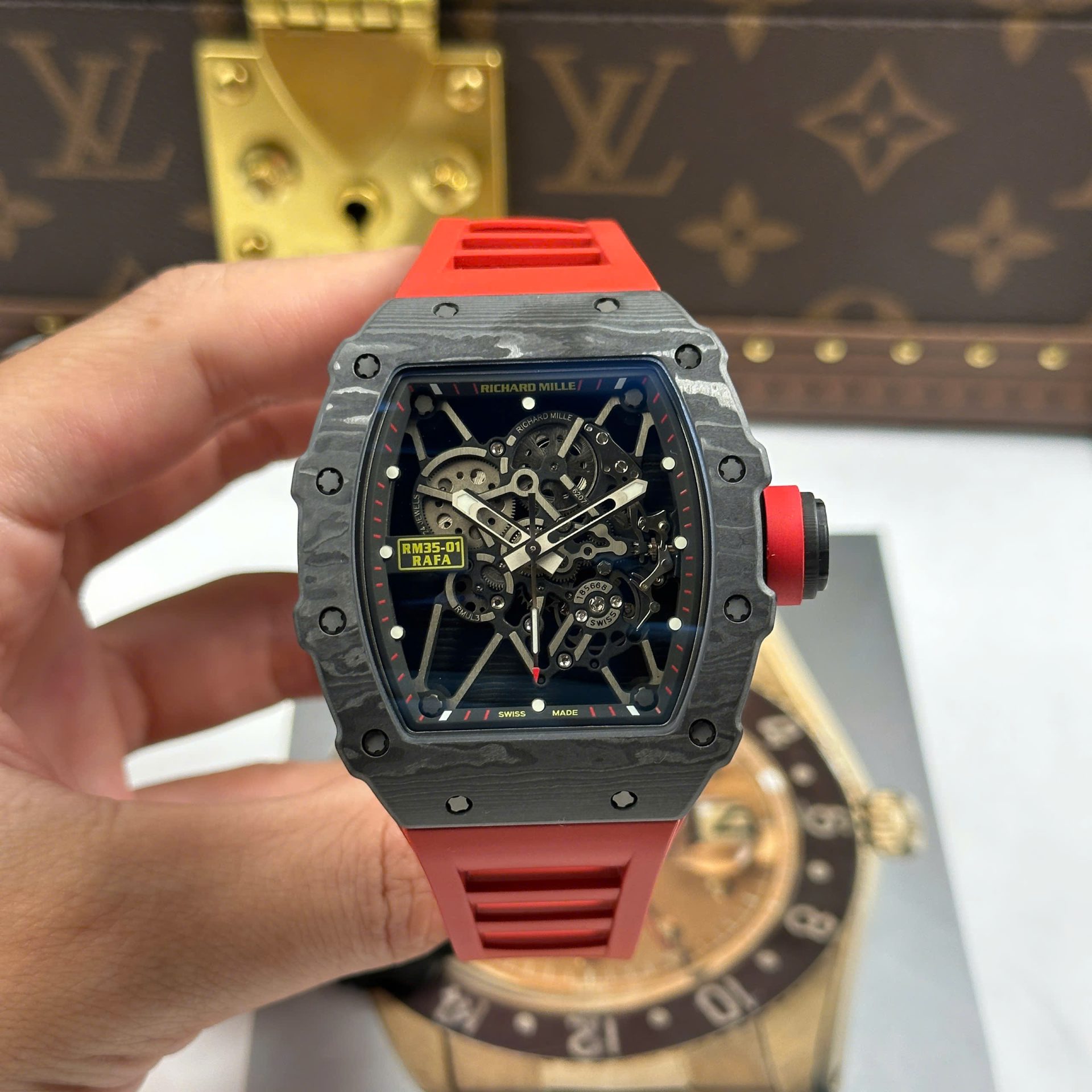 Richard Mille RM35-01 Rafael Nadal Carbon NTPT Copies Watches Red Rubber Strap ZF Factory 49,9x43mm