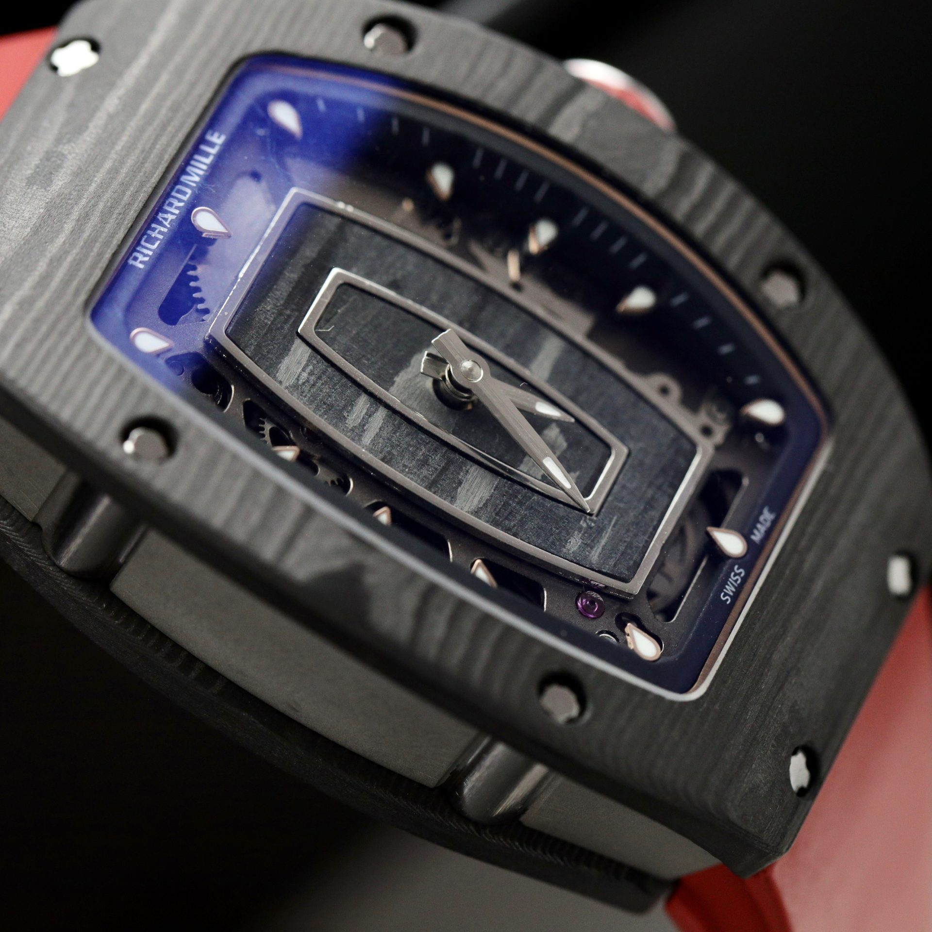Richard Mille Replica 1:1 Watch RM07 Carbon Black Red Rubber Strap 36mm