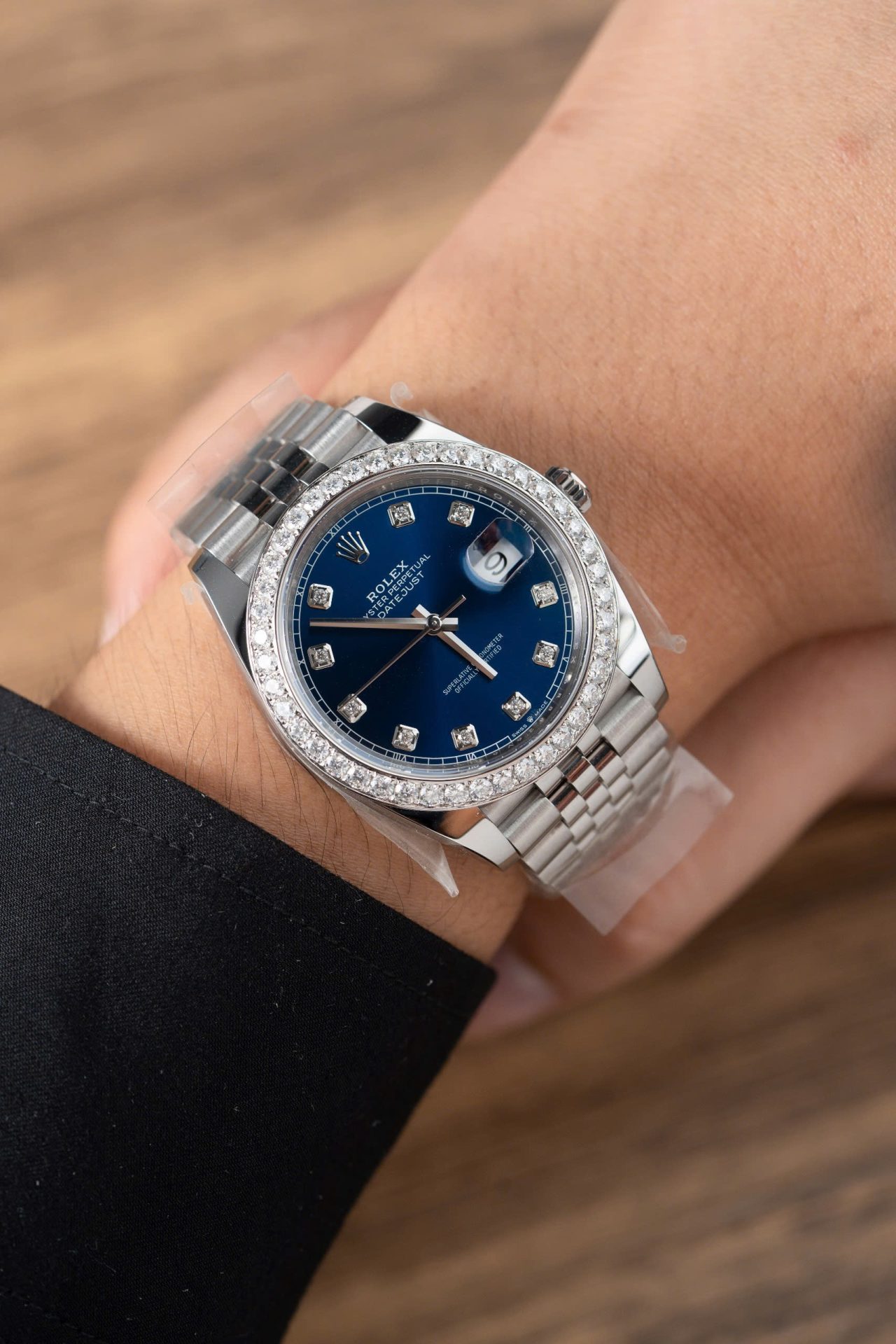 Rolex Replica Watch DateJust Blue Dial With Moissanite Diamond Bezel Factory Clean 41mm