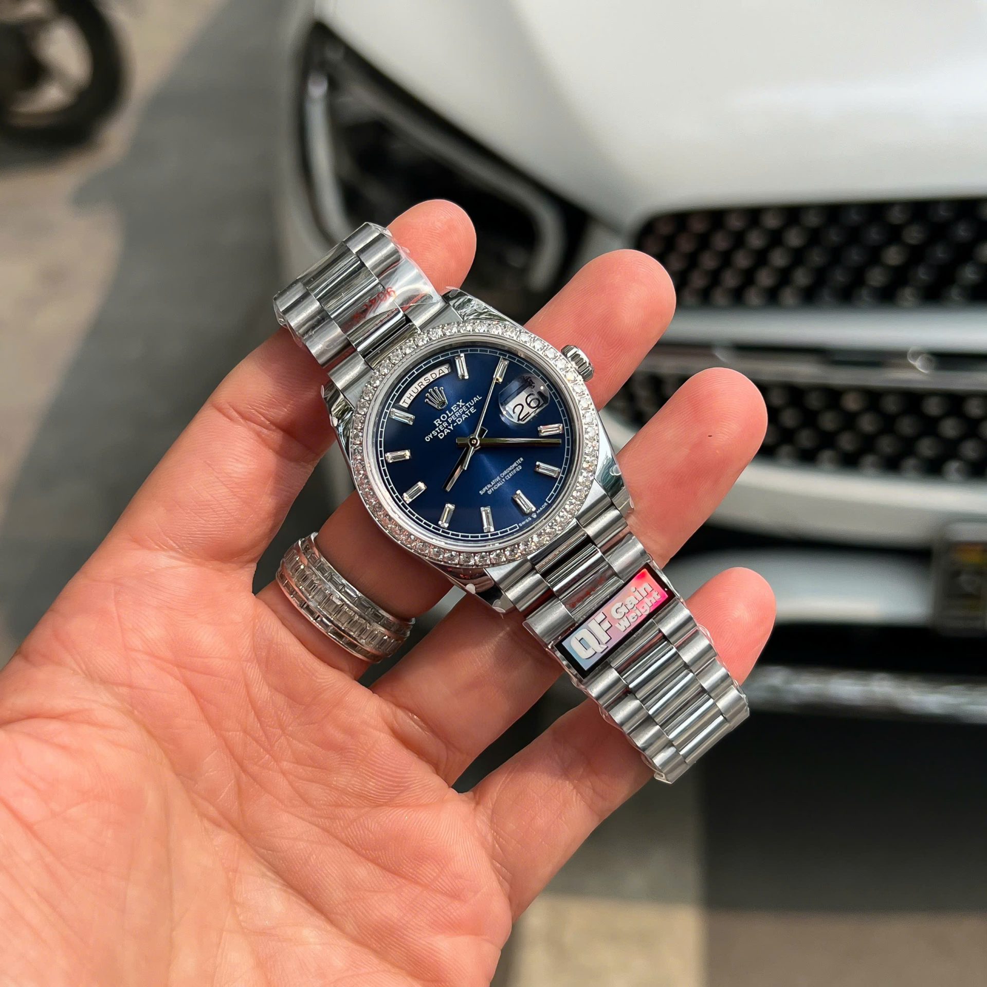 Rolex Day-Date Blue Dial Replica 11 Watch Bezel Diamonds Moissanite QF Factory 36mm
