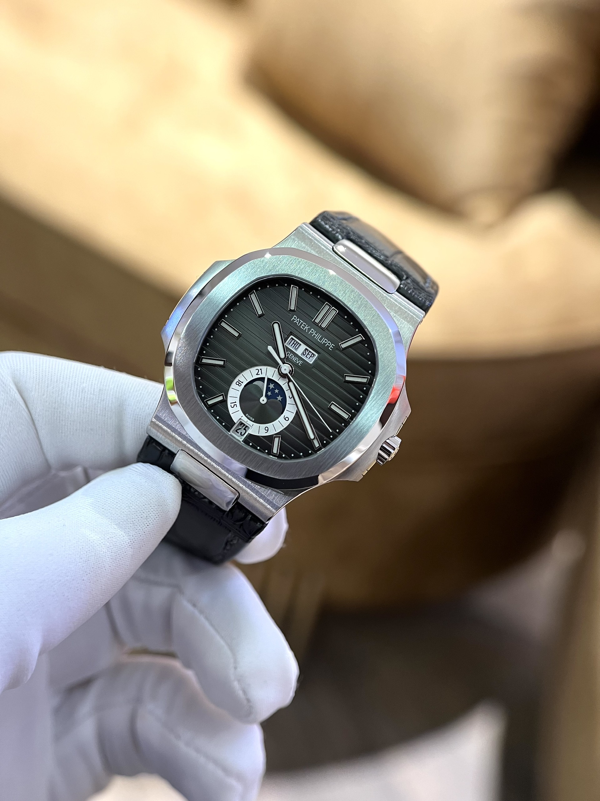 Patek Philippe Nautilus 5726 Replica 1:1 Watch Black Dial Leather Strap Factory PPF 40.5mm