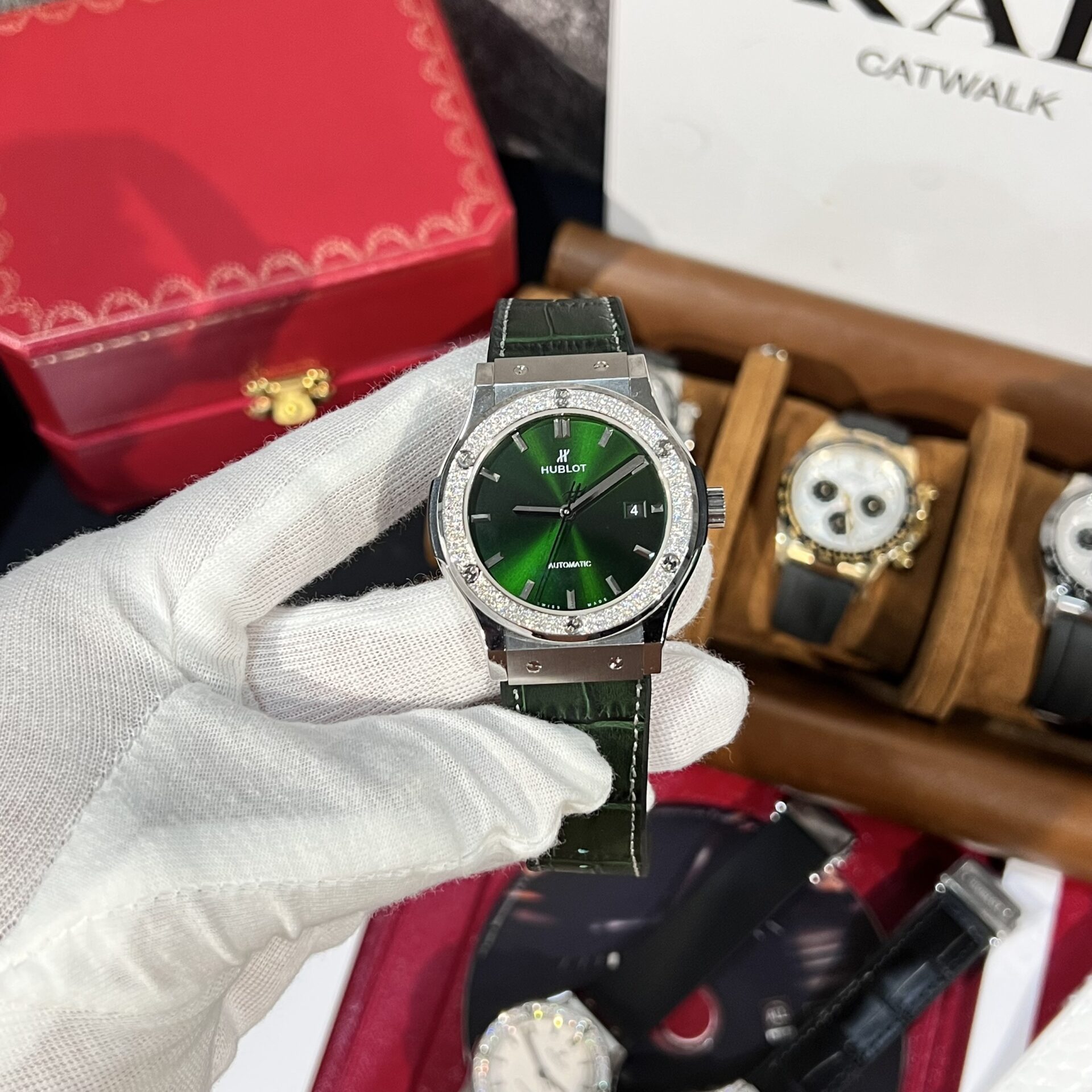 Hublot Replica 11 Watch Classic Fusion Titanium Green Dial With Moissanite Bezel 42mm