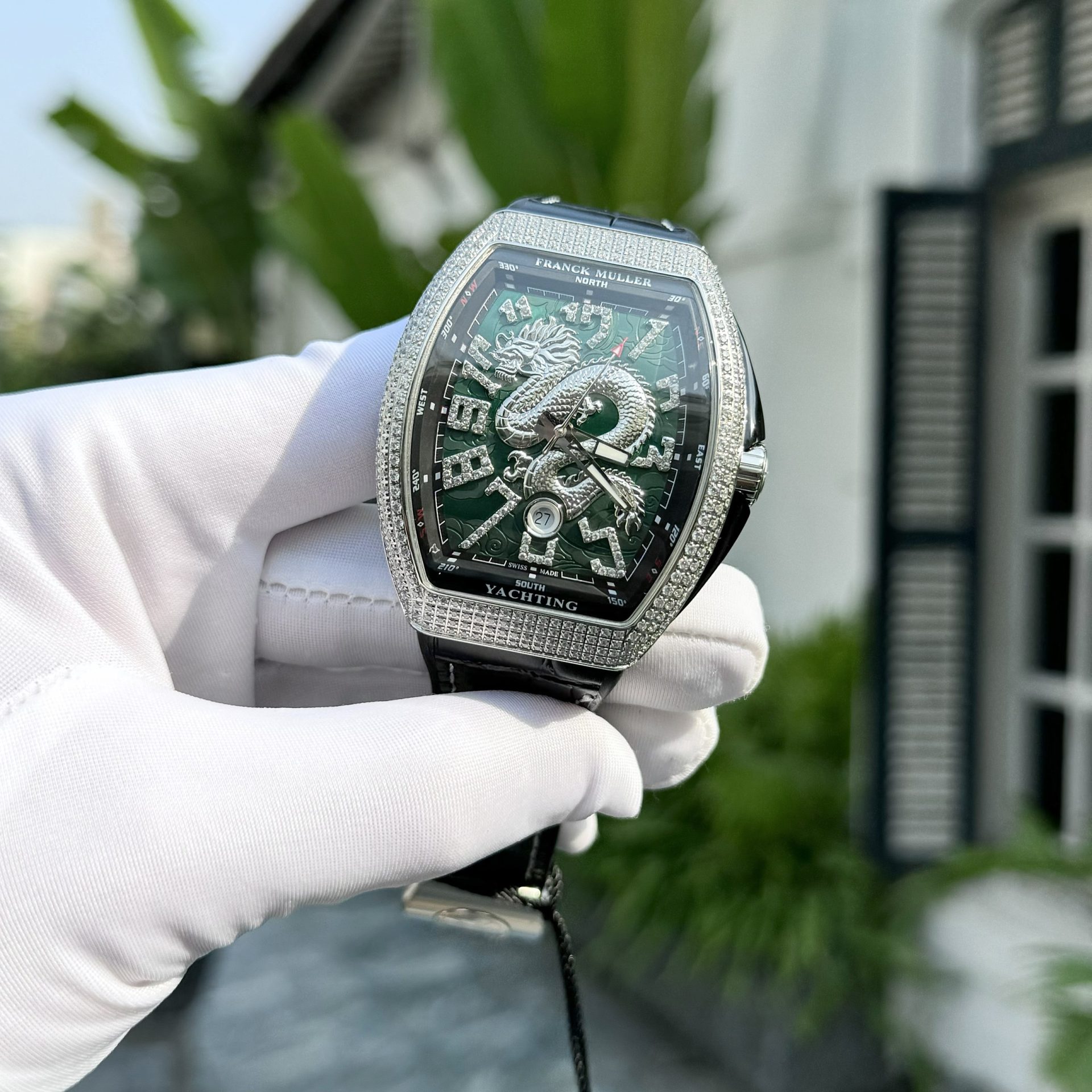 Franck Muller Replica 11 Watch V45 Green Dragon Dial With Stone  45mm