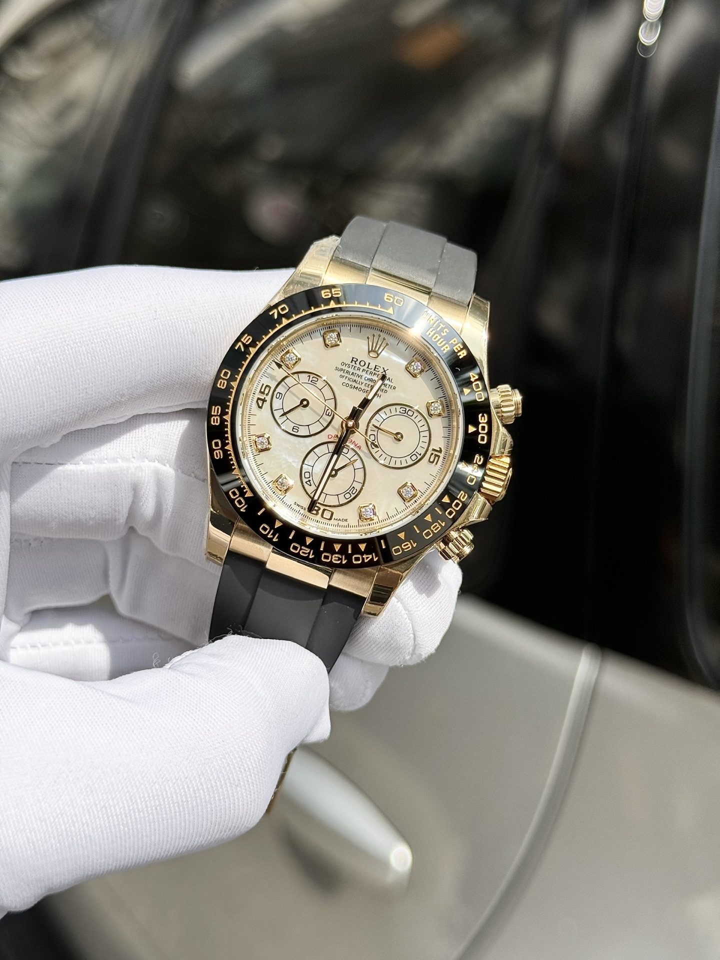 Rolex Daytona 116518 White Mother of Pearl Dial Rep 11 Watch With Moissanite Diamond Clean Factory 40mm