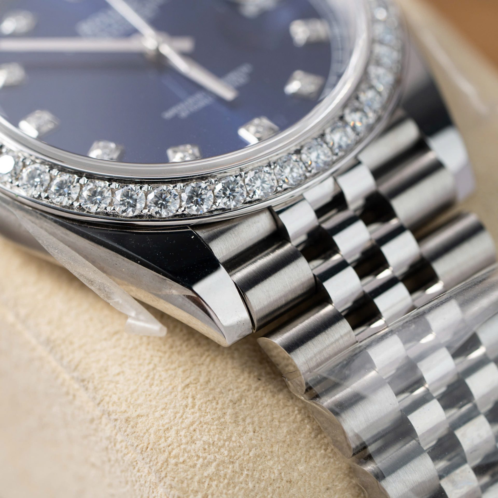 Rolex Replica Watch DateJust Blue Dial With Moissanite Diamond Bezel Factory Clean 41mm