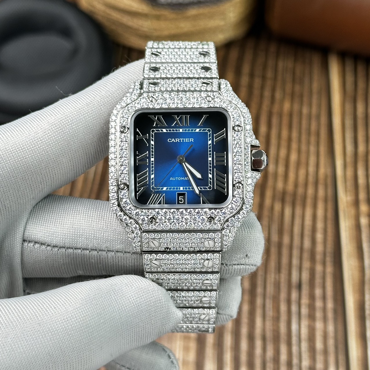 Cartier Replica Watch Santos Full Diamond Moissanite Blue Dial 39.8mm