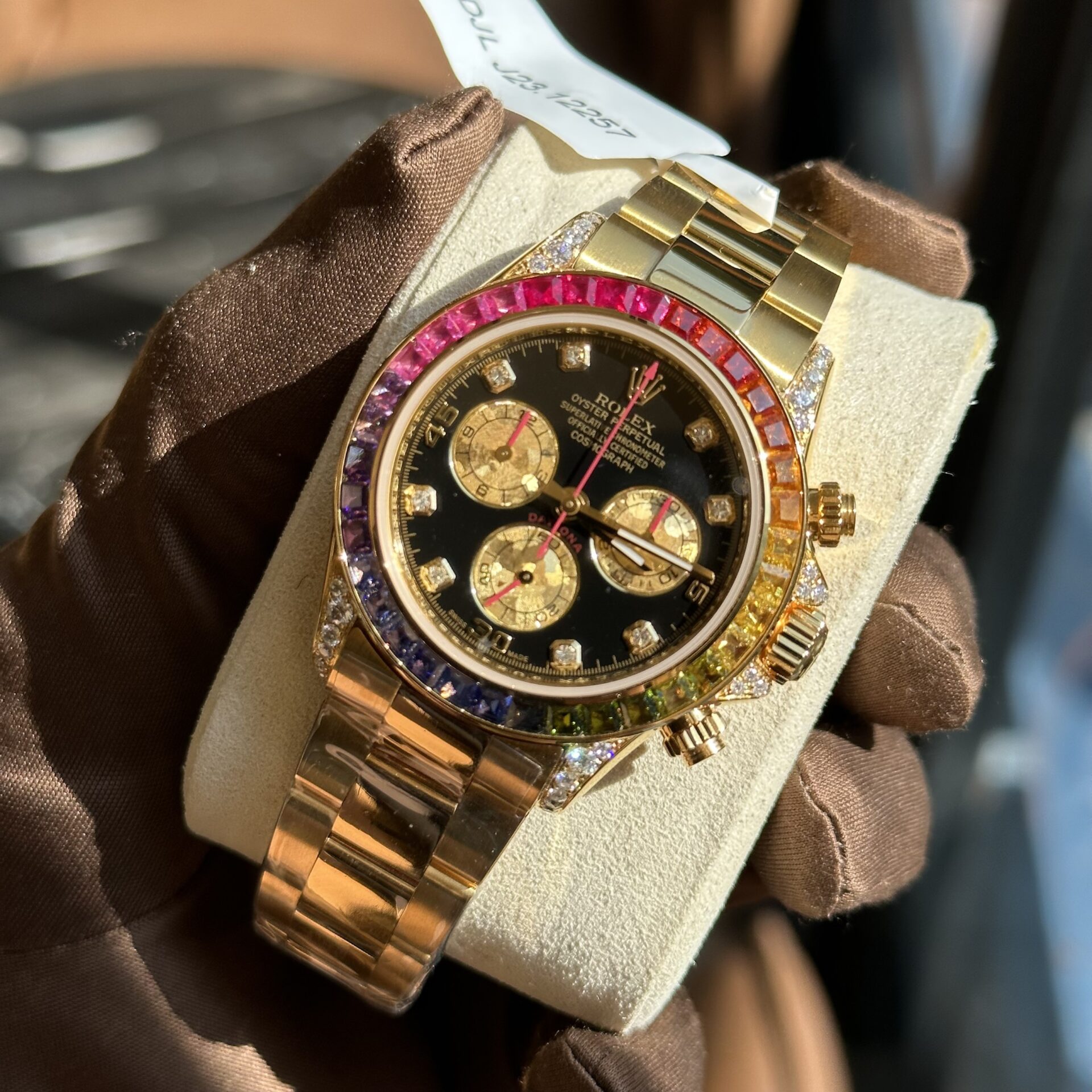 Rolex Replica Watch Daytona Rainbow Yellow Gold Wrapped Moissanite Diamonds TWF 40mm