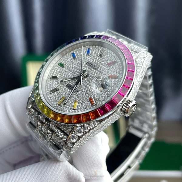Rolex DateJust Replica Watch Full Moissanite Diamonds Hong Kong Dial Blue 41mm