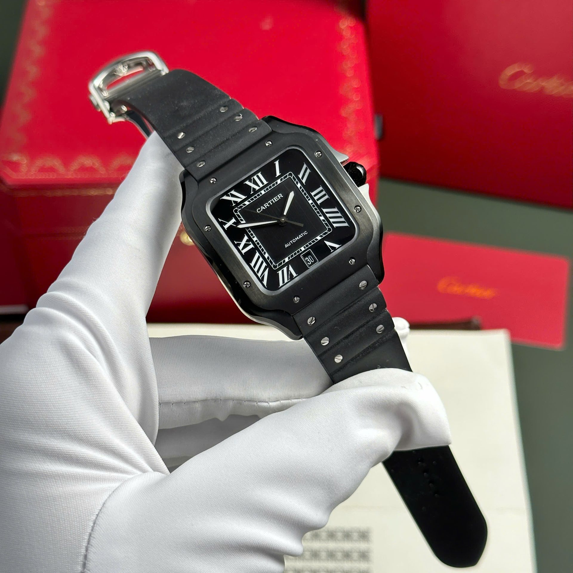 Cartier Santos Black Replica 11 Watch Rubber Strap BV Factory 39.8mm