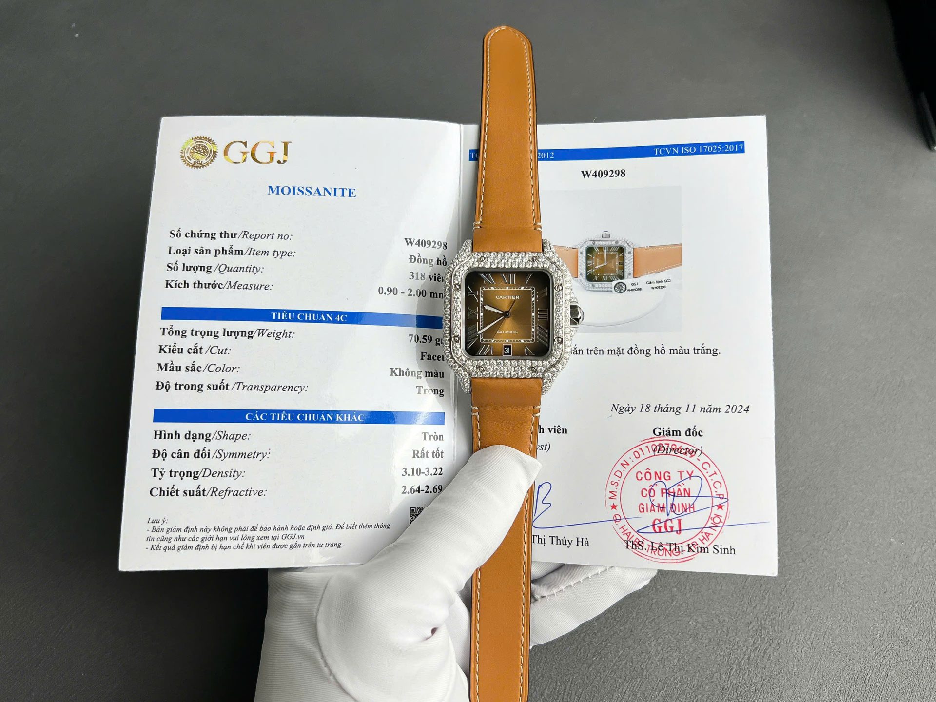 Cartier Santos Brown Dial Copies Watches Custom Diamonds Moissanite BV Factory 39.8mm