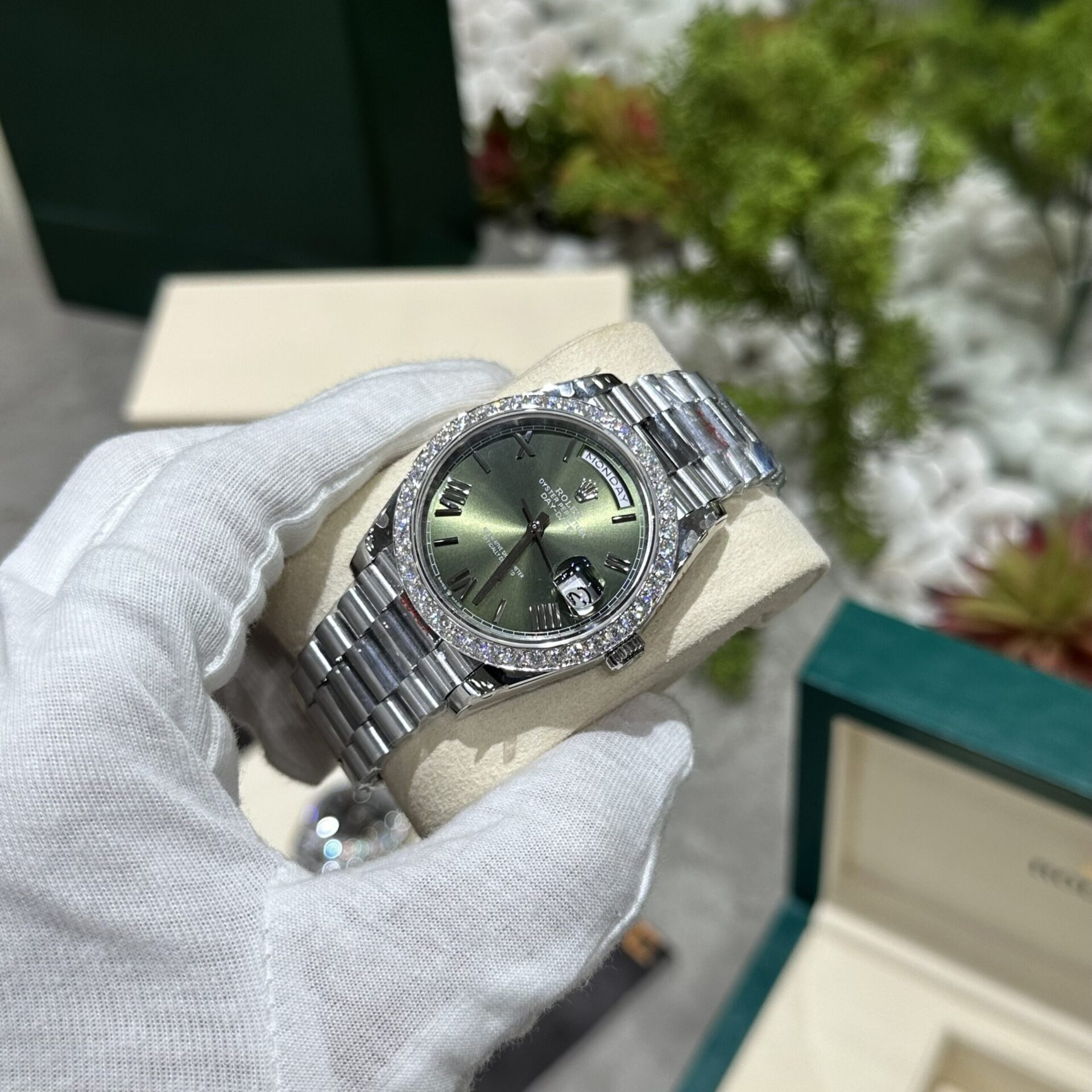 Rolex Day-Date 228236 Moissanite Green Dial Replica Watch 168gram GM V3 40mm