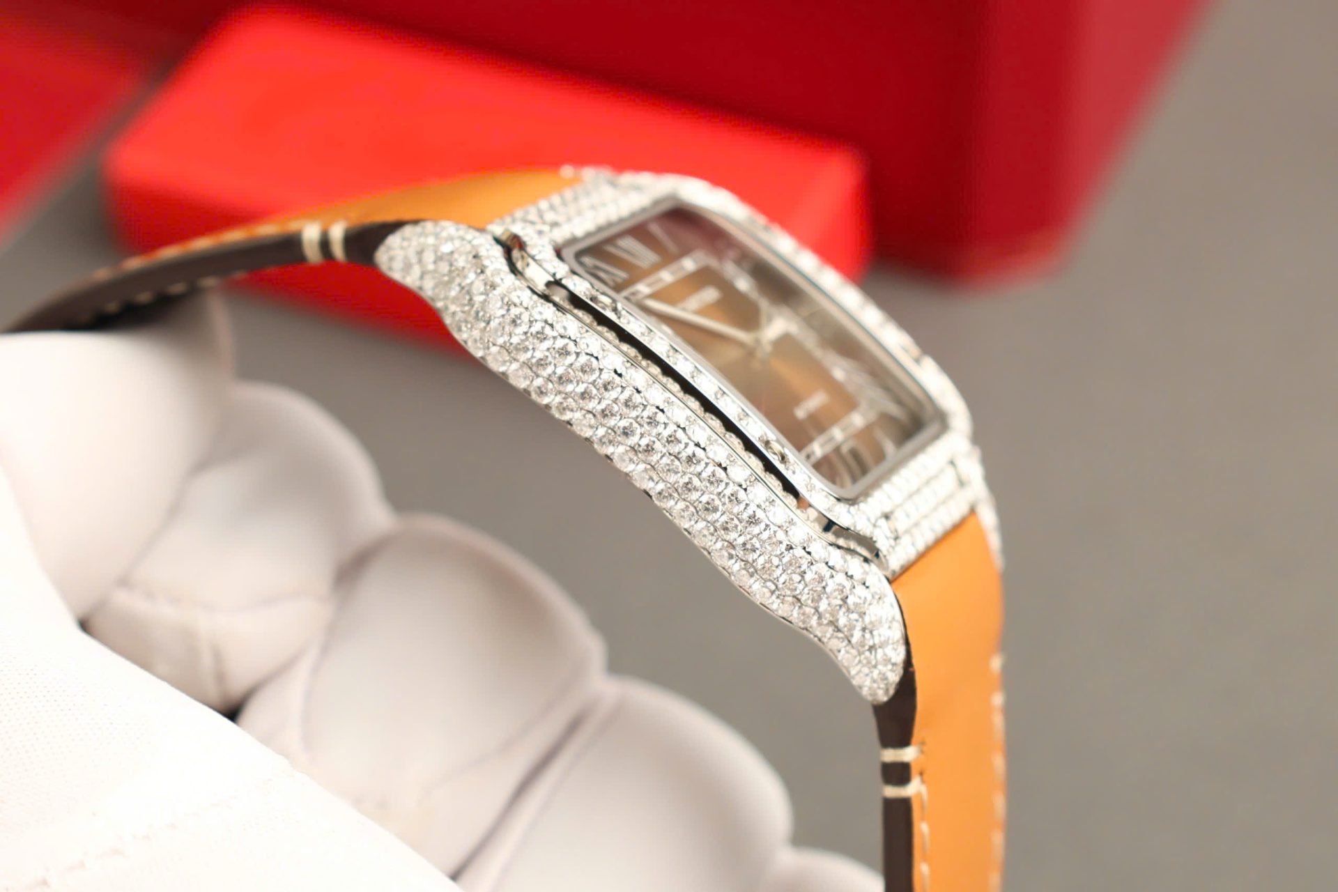 Cartier Santos Brown Dial Copies Watches Custom Diamonds Moissanite BV Factory 39.8mm