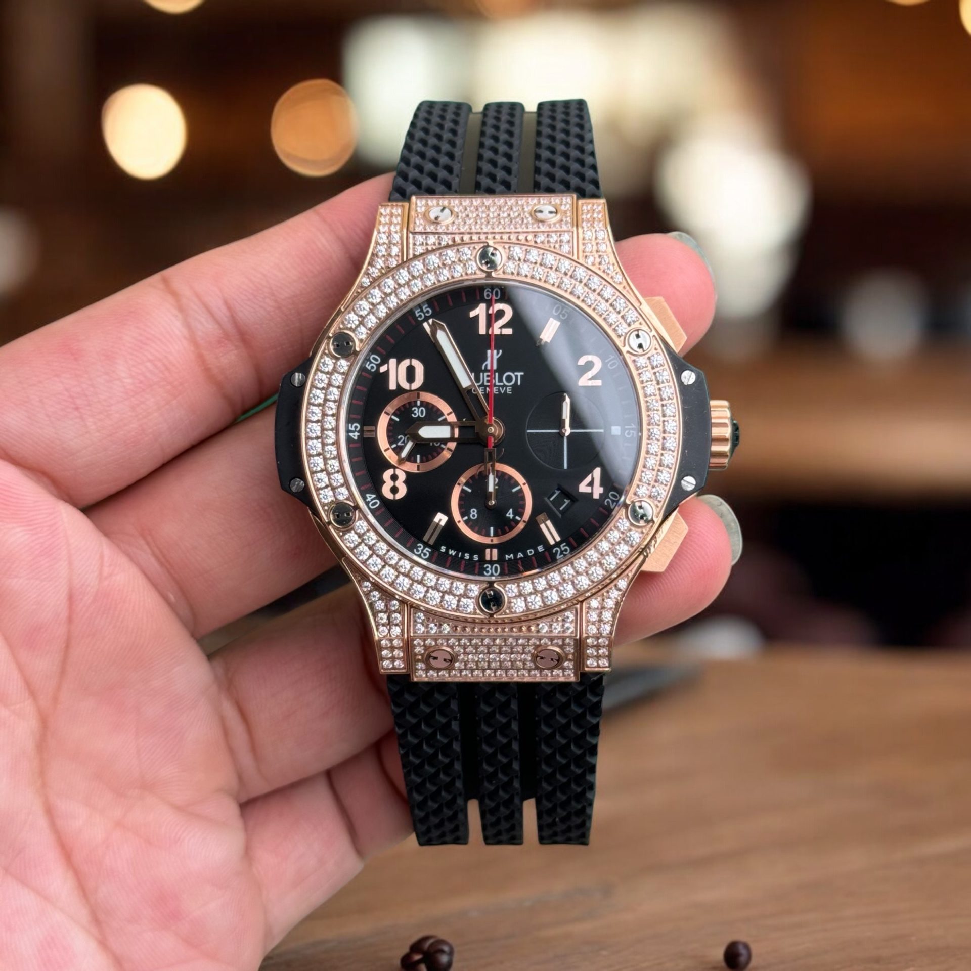 Hublot Replica 11 Watch Big Bang Chronograph Full Stone Face Black High Quality 44mm
