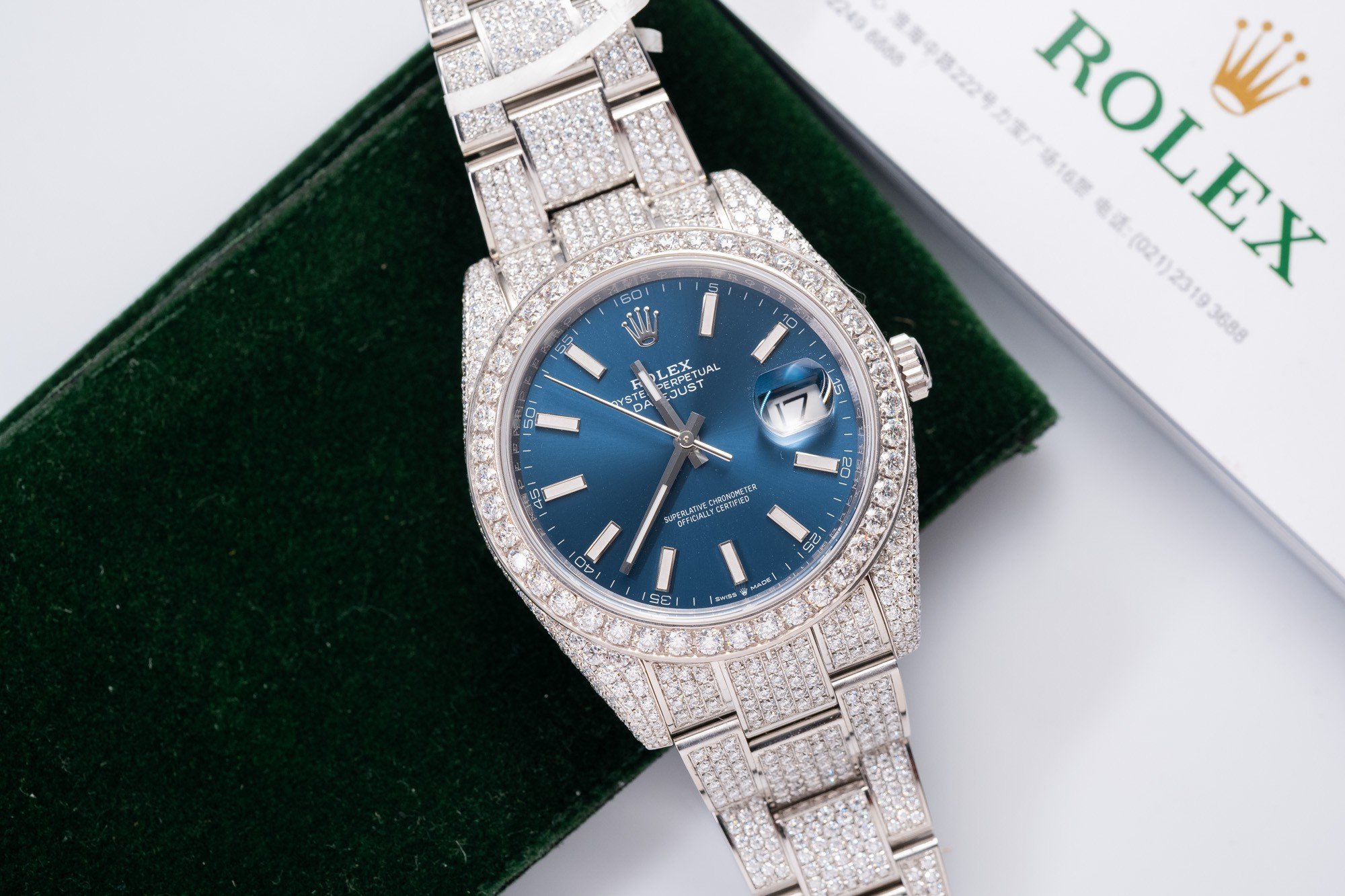 Rolex Replica 1:1 Watch DateJust With Full Moissanite Diamond Blue Dial 41mm