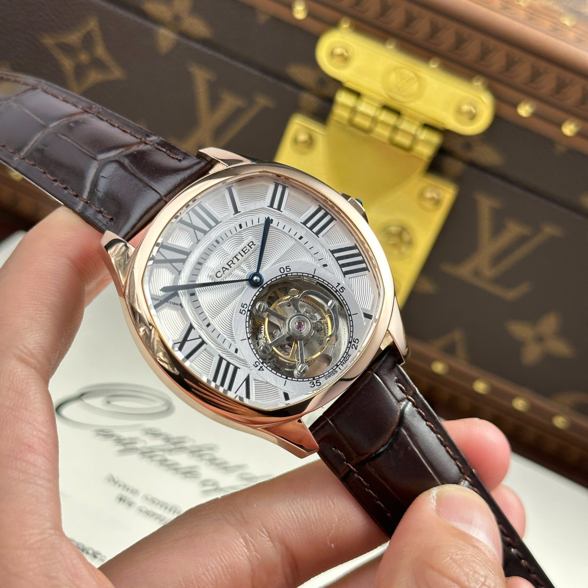 Cartier Drive Tourbillon Best Copies Watch Dial Guiloche Motif Leather Strap 41mm