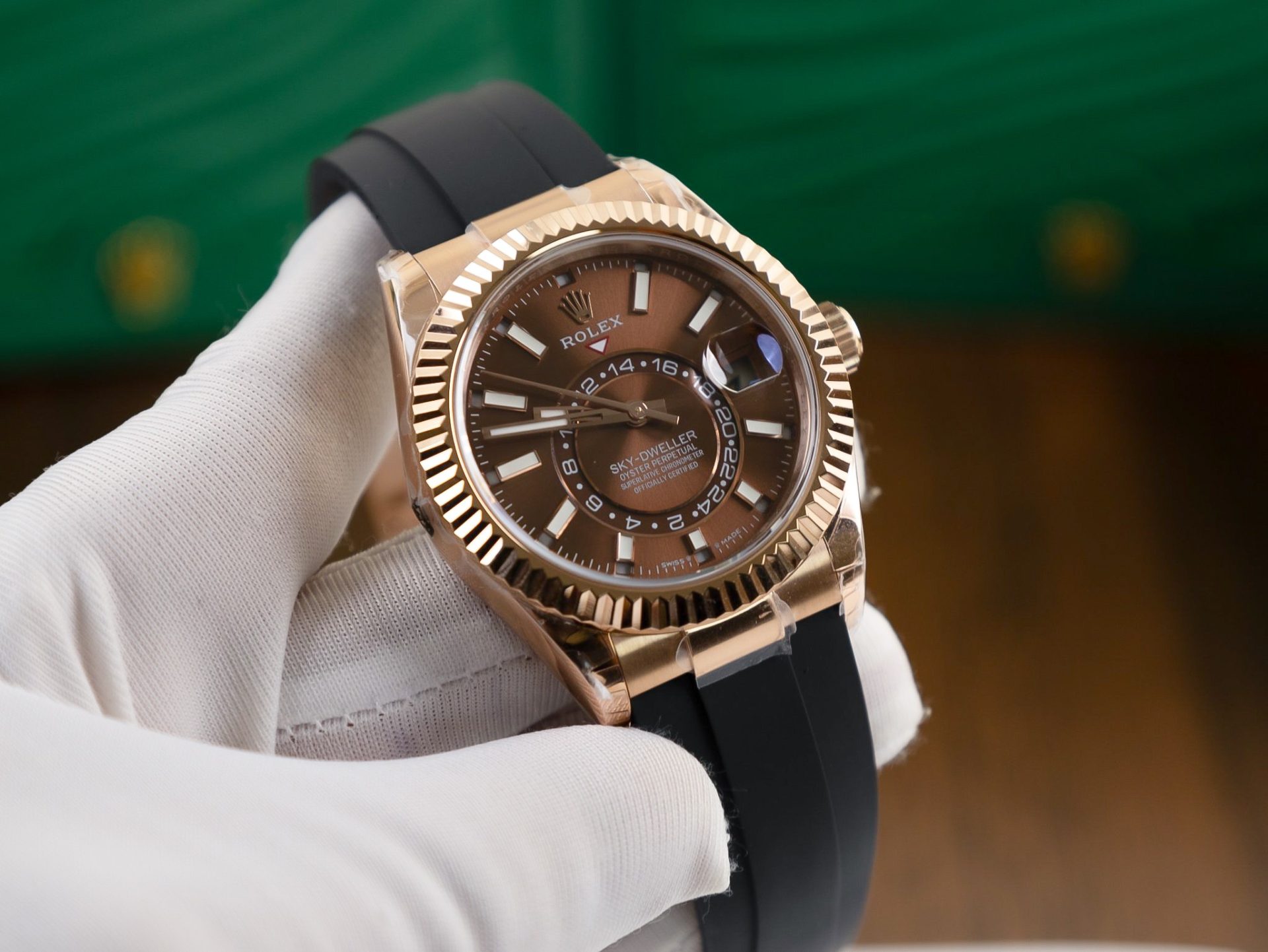 Rolex Replica 1:1 Watch Sky Dweller Chocolate Dial Rubber Strap 42mm