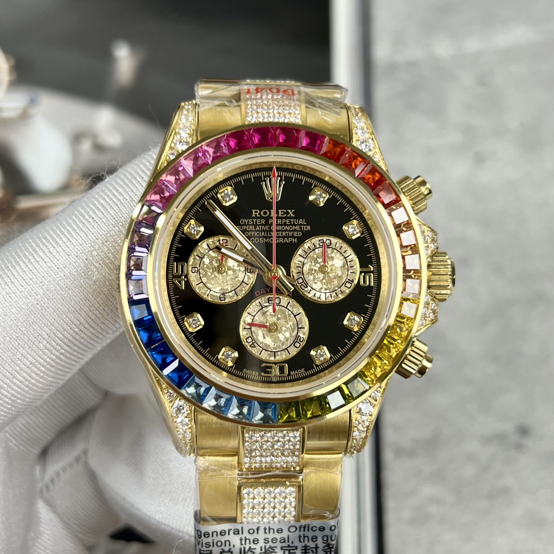 Rolex Replica 1:1 Watch Daytona Rainbow Yellow Gold Plated With Stone 40mm